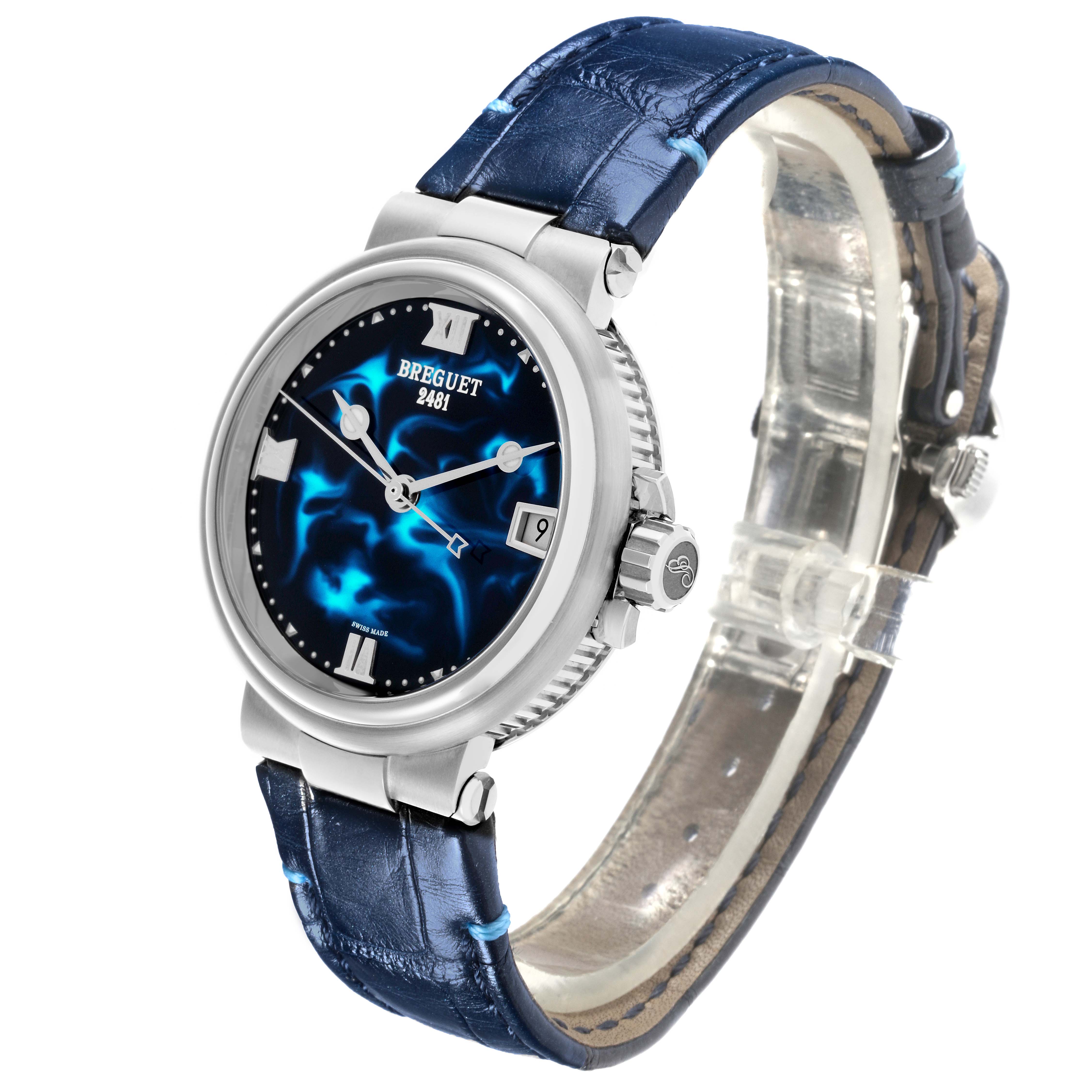 The Breguet 9517ST/E2/984 Women's Stainless Steel Blue Dial 9517ST/E2/984 Women's Stainless Steel Blue Dial Marine watch is shown at a three-quarter angle displaying the dial, bezel, crown, and strap.