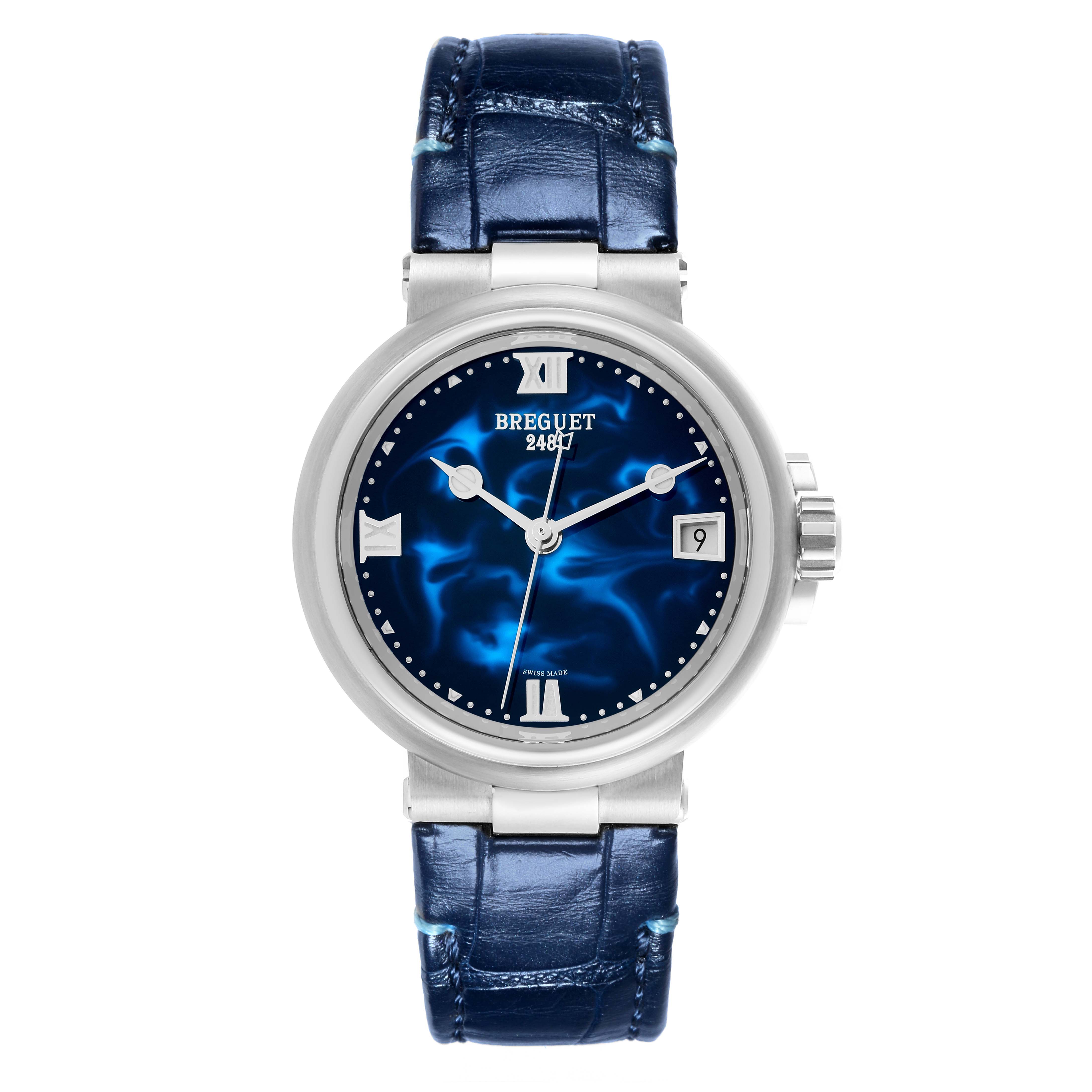 The Breguet 9517ST/E2/984 Women's Stainless Steel Blue Dial 9517ST/E2/984 Women's Stainless Steel Blue Dial Marine watch is shown from a front angle, highlighting the blue dial and leather strap.