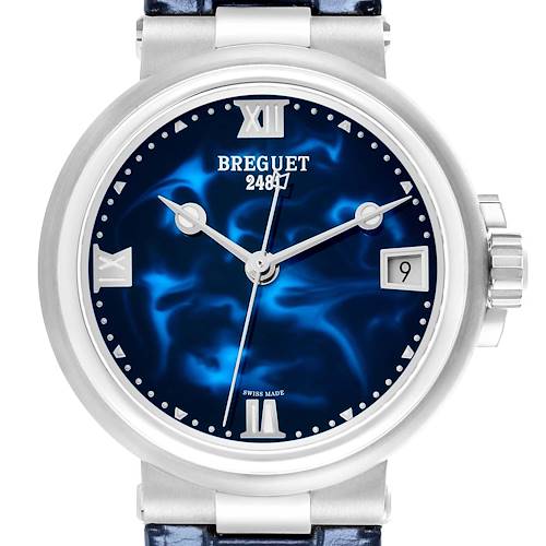 The Breguet Marine 9517ST/E2/984 Men's Stainless Steel Blue Dial watch is shown from the front, highlighting its blue dial, date window, and Roman numerals.