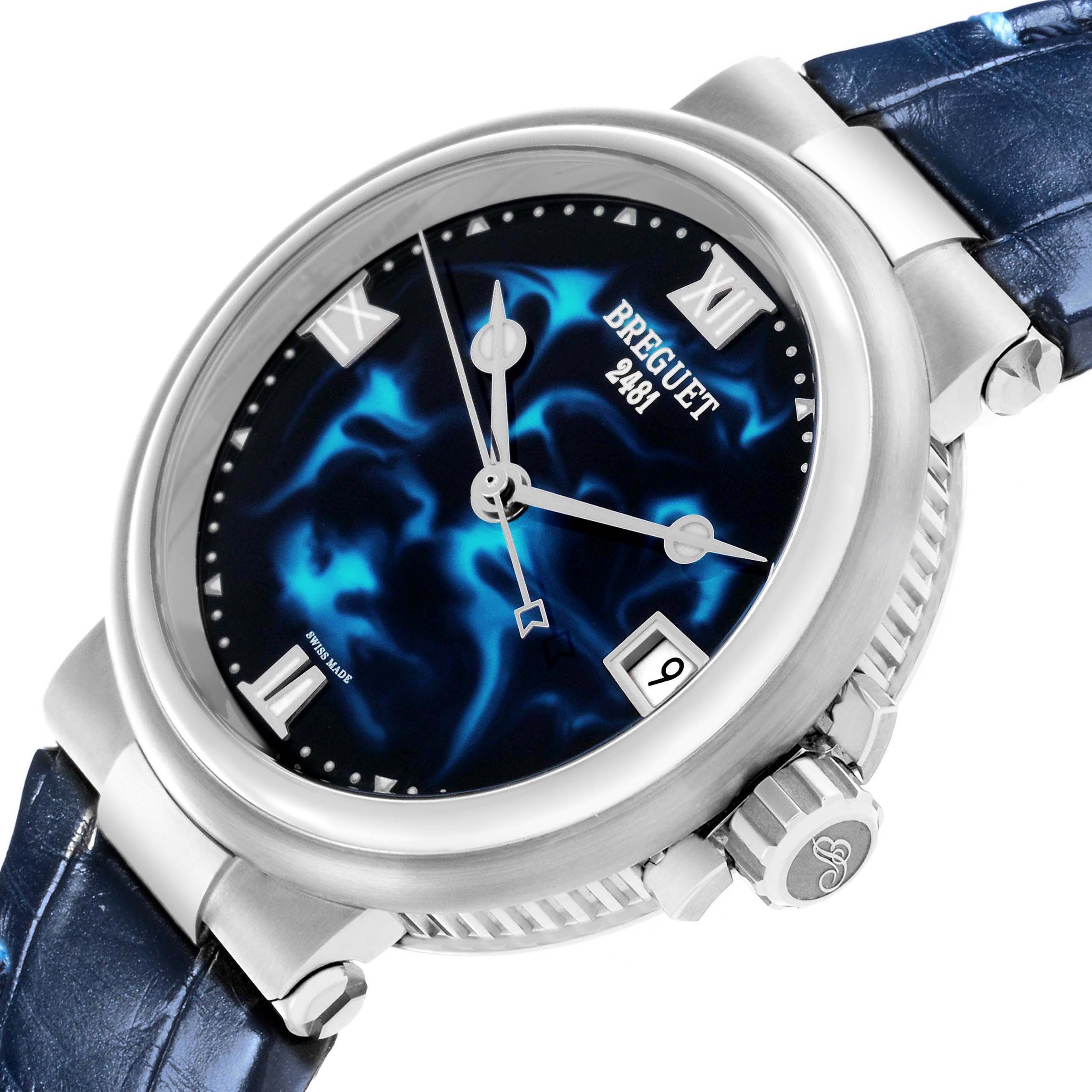 The Breguet Marine 9517ST/E2/984 Men's Stainless Steel Blue Dial watch is shown at a three-quarter angle, highlighting the dial, case, bezel, crown, and strap attachment.