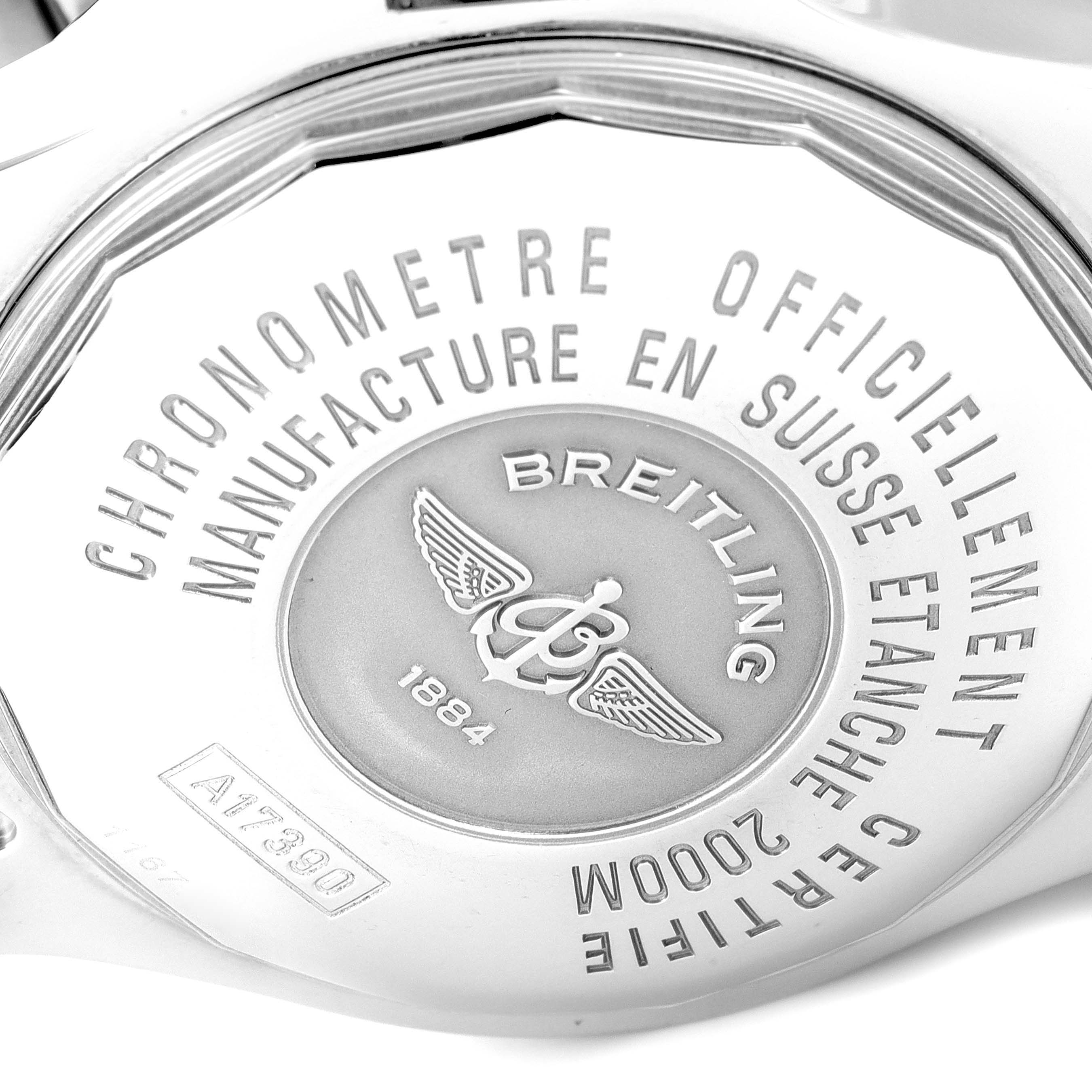 The image shows the case back of the Breitling Superocean A17390 Men's Stainless Steel Black Dial A17390 Men's Stainless Steel Black Dial watch, highlighting its engravings and logo.