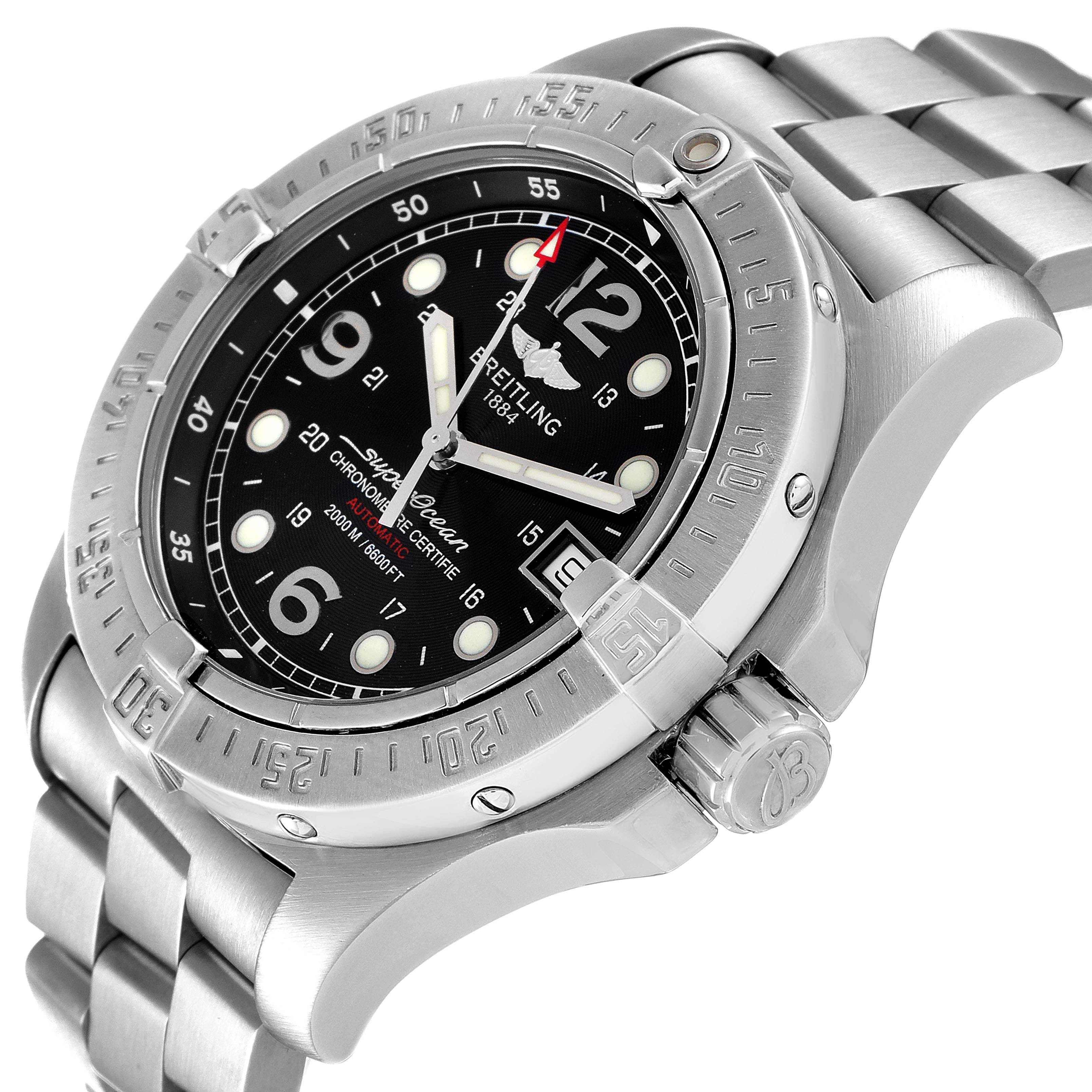 The image shows a Breitling Superocean A17390 Men's Stainless Steel Black Dial A17390 Men's Stainless Steel Black Dial watch from an angled side view, highlighting the bezel, dial, stainless steel case, and bracelet.
