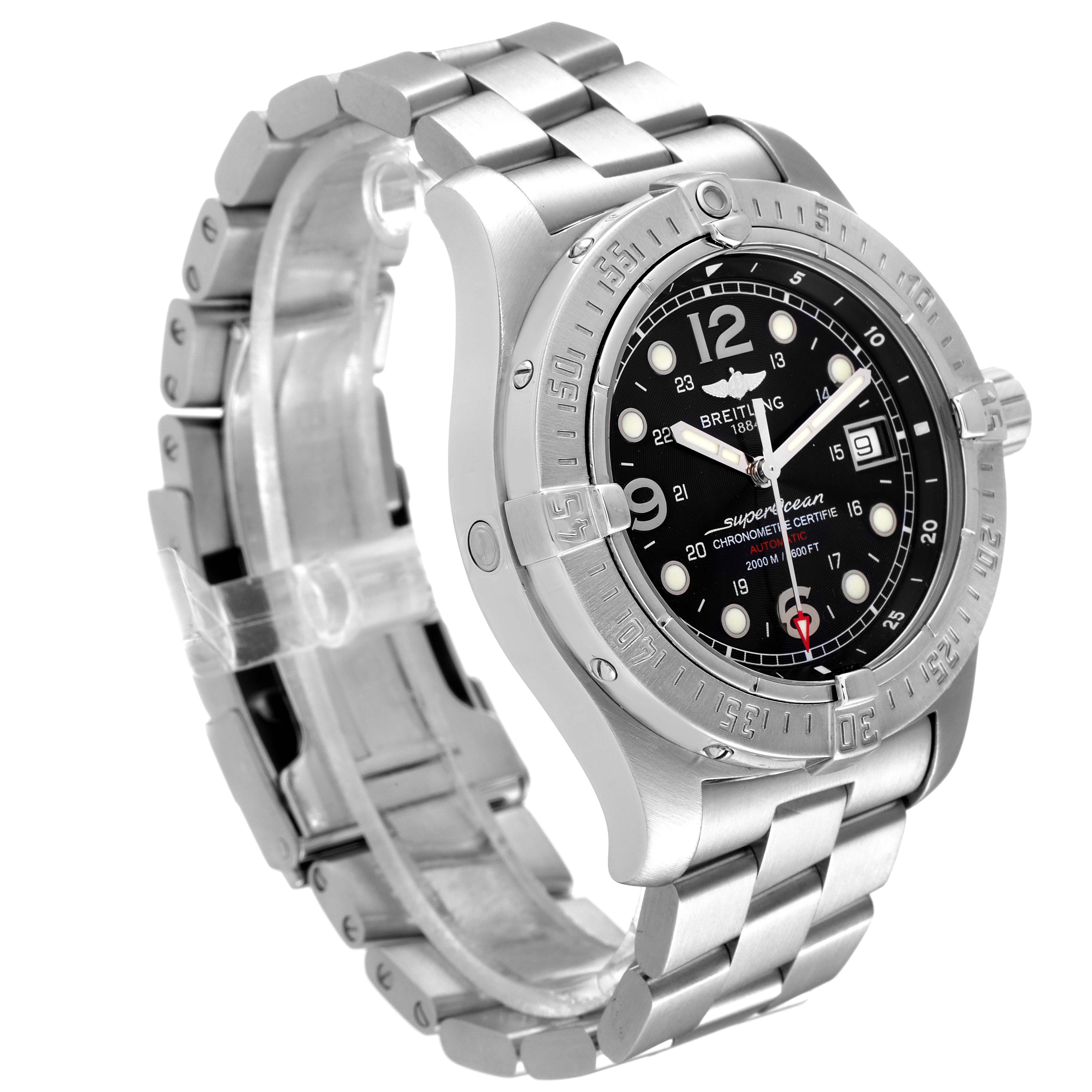 The Breitling Superocean A17390 Men's Stainless Steel Black Dial A17390 Men's Stainless Steel Black Dial watch is shown at an angle highlighting the face, bezel, and the metal bracelet.