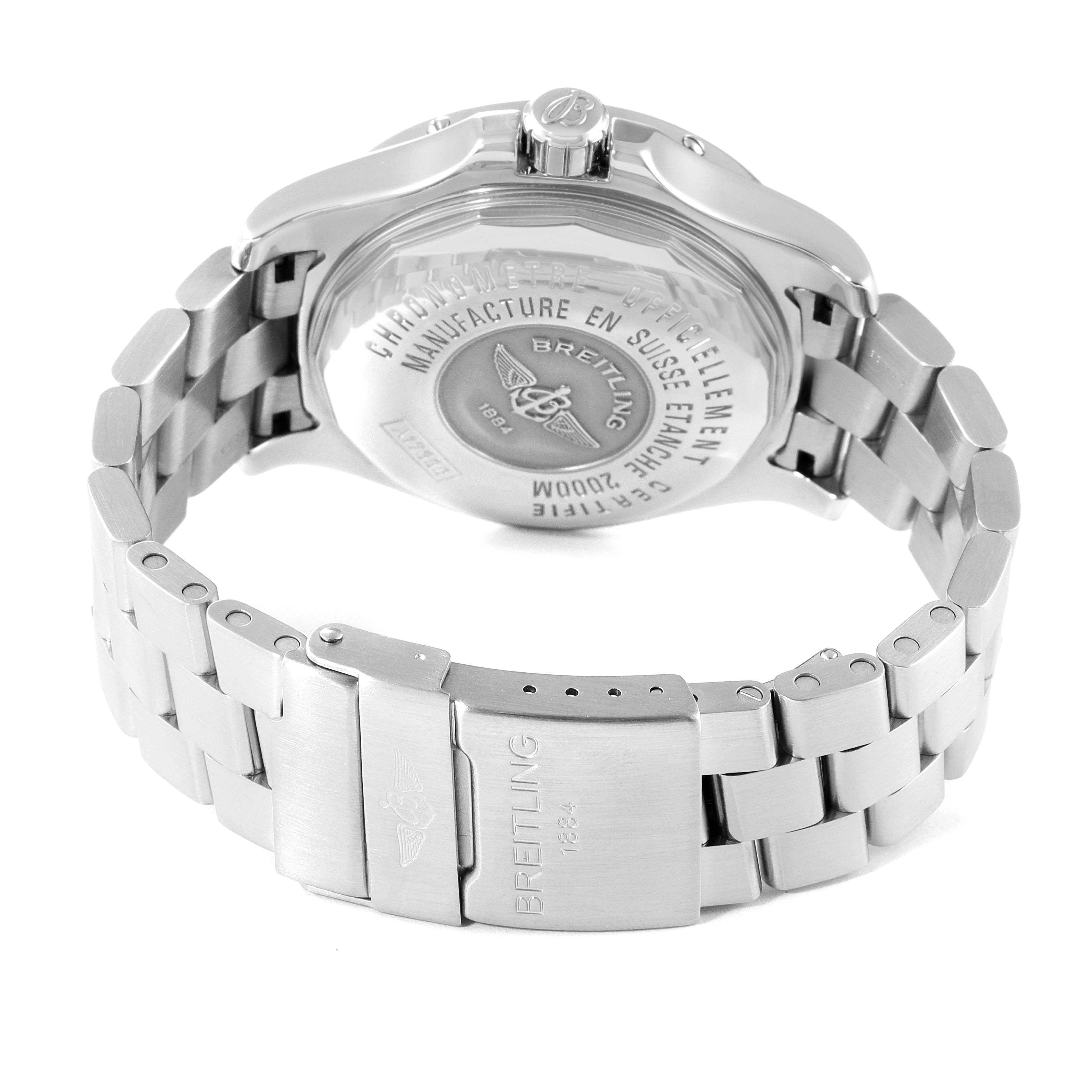 The image shows the rear view of the Breitling Superocean A17390 Men's Stainless Steel Black Dial A17390 Men's Stainless Steel Black Dial watch, focusing on the clasp and caseback with branding and inscriptions.