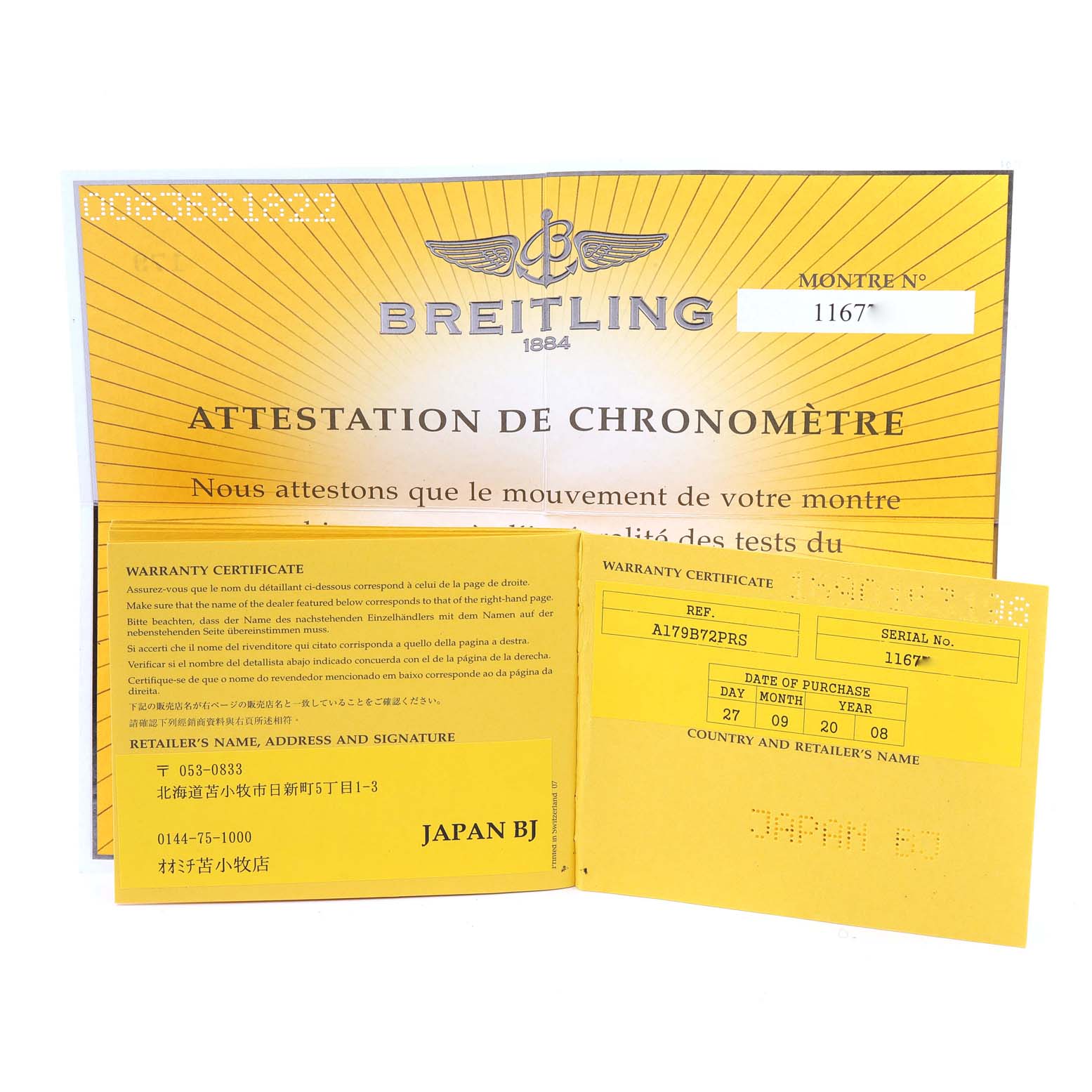 This image shows the warranty certificate and chronometer certification papers for a Breitling Superocean A17390 Men's Stainless Steel Black Dial A17390 Men's Stainless Steel Black Dial watch.