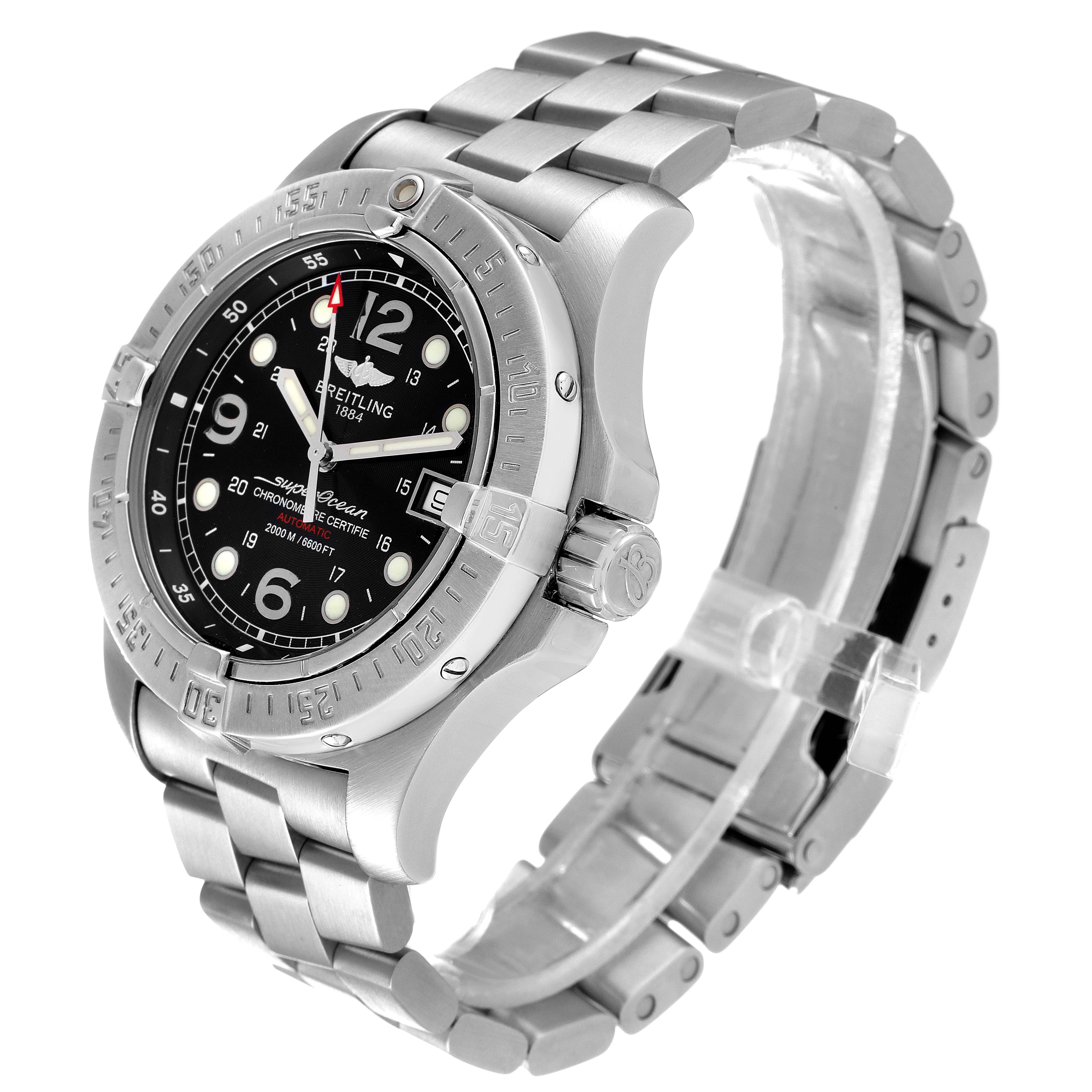This image shows a Breitling Superocean A17390 Men's Stainless Steel Black Dial A17390 Men's Stainless Steel Black Dial watch at an angle highlighting the face, bezel, crown, and metal bracelet.
