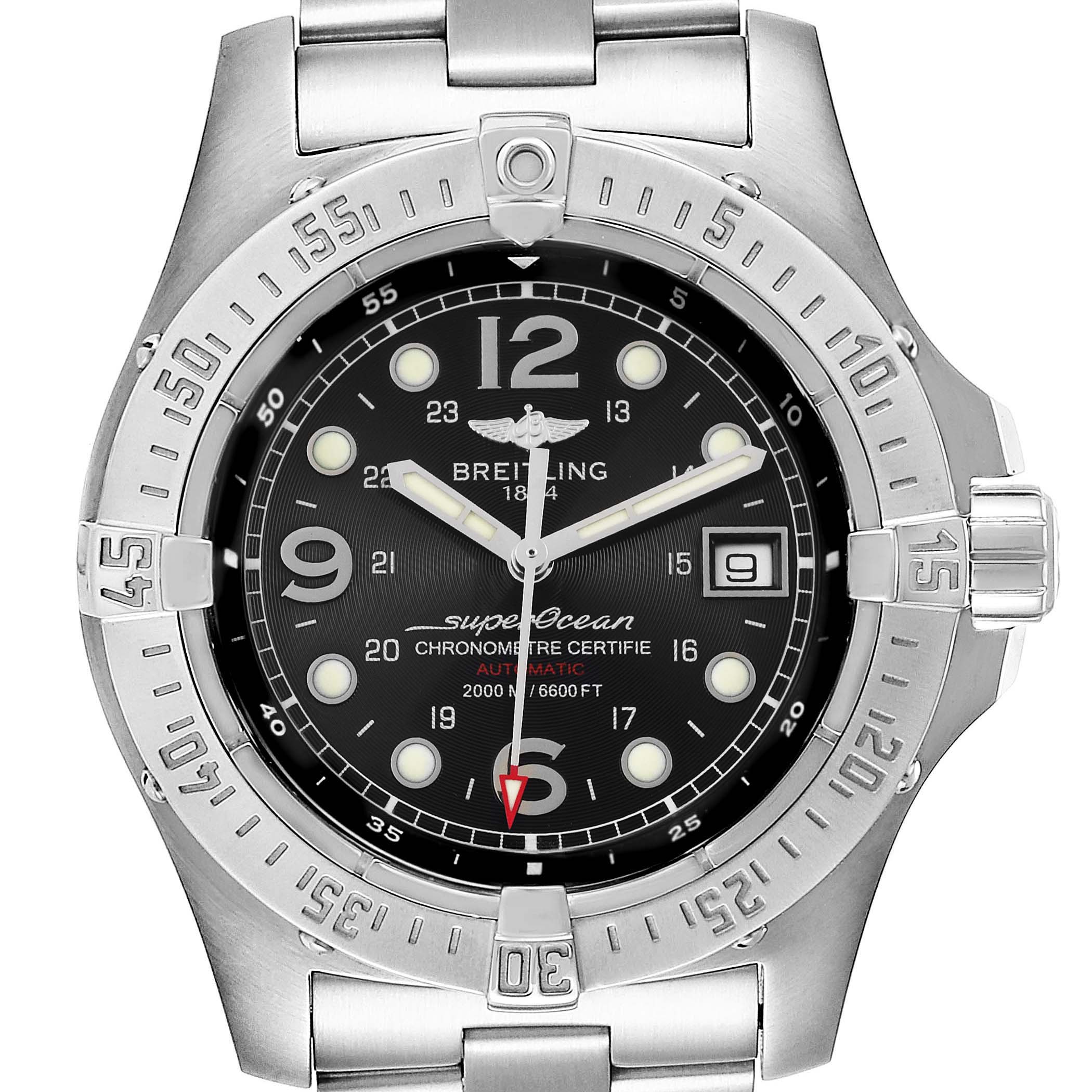 This is a front-facing view of a Breitling Superocean A17390 Men's Stainless Steel Black Dial A17390 Men's Stainless Steel Black Dial watch, showing the dial, bezel, hands, date window, and part of the bracelet.