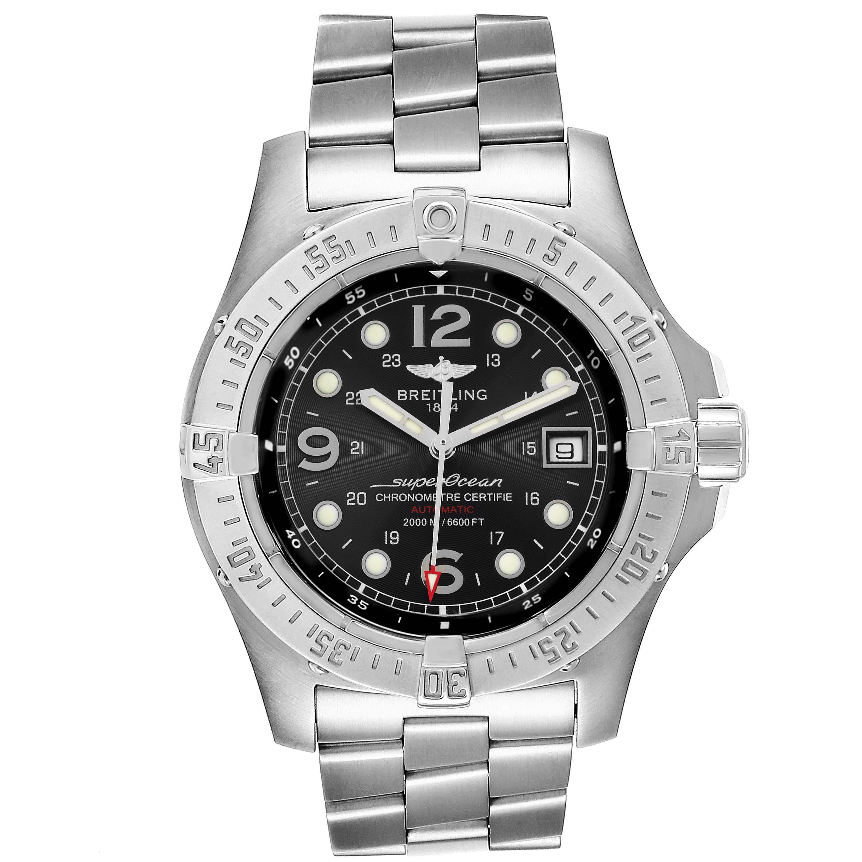The image shows a front view of a Breitling Superocean A17390 Men's Stainless Steel Black Dial A17390 Men's Stainless Steel Black Dial watch, displaying its bezel, dial, hands, and bracelet.