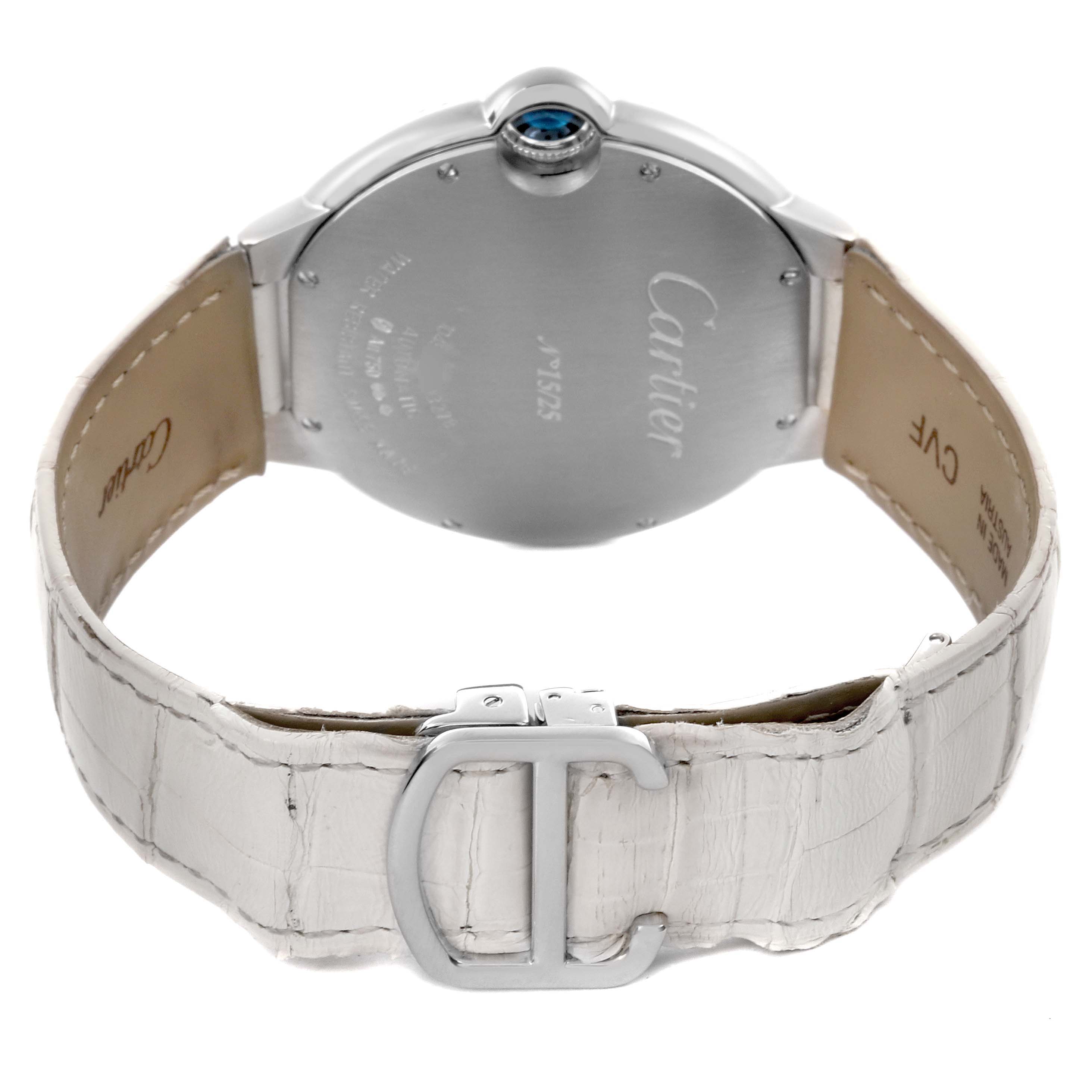 The Cartier Ballon Bleu HPI00478 Women's White Gold Silver Dial HPI00478 Women's White Gold Silver Dial watch is shown from the back, highlighting the case, crown, and cream leather strap with a buckle.