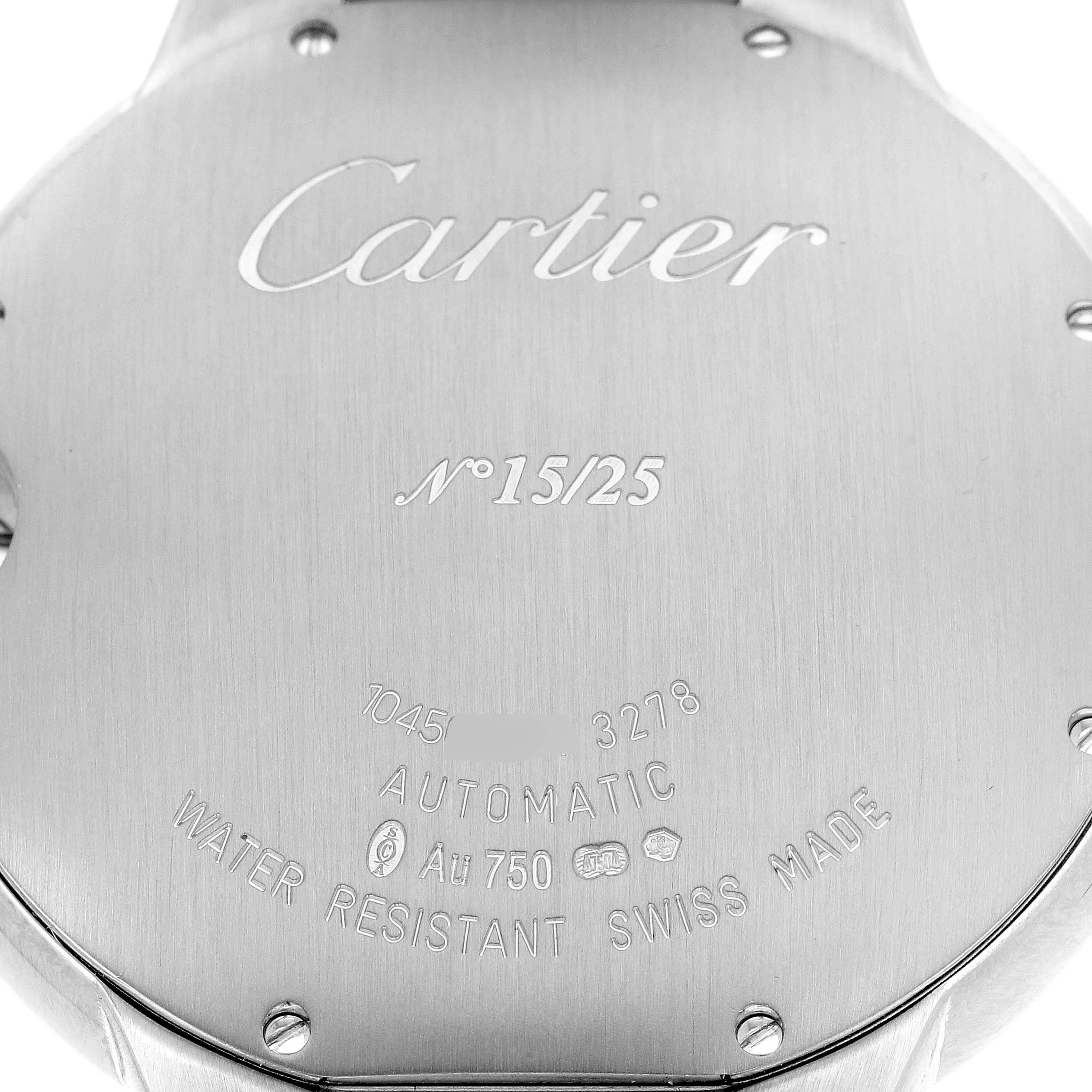 The image shows the back case of the Cartier Ballon Bleu HPI00478 Women's White Gold Silver Dial HPI00478 Women's White Gold Silver Dial watch, displaying serial numbers, material details, and the brand logo.