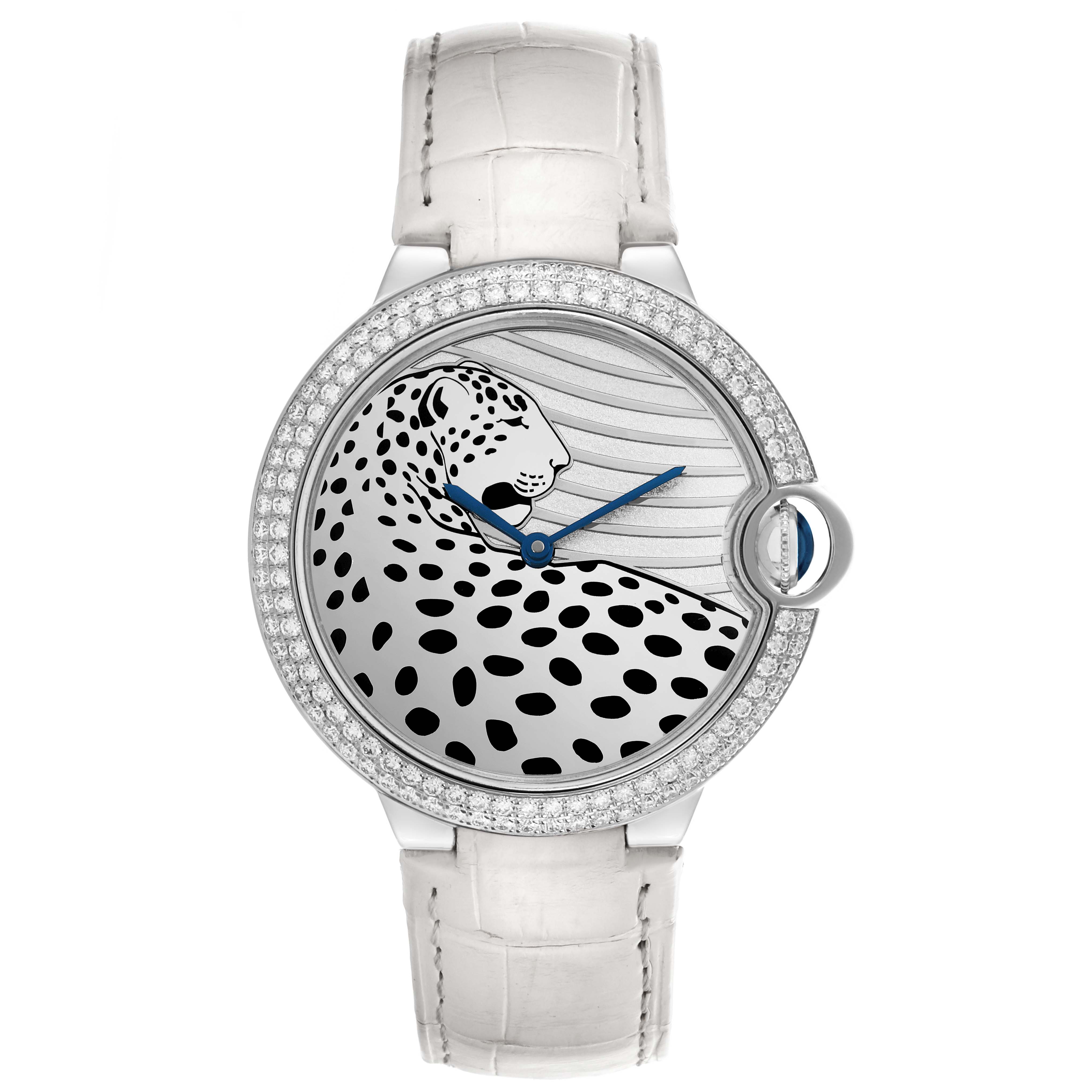 The Cartier Ballon Bleu HPI00478 Women's White Gold Silver Dial HPI00478 Women's White Gold Silver Dial watch is shown from the front, highlighting the dial with a panther motif, diamond bezel, and white strap.