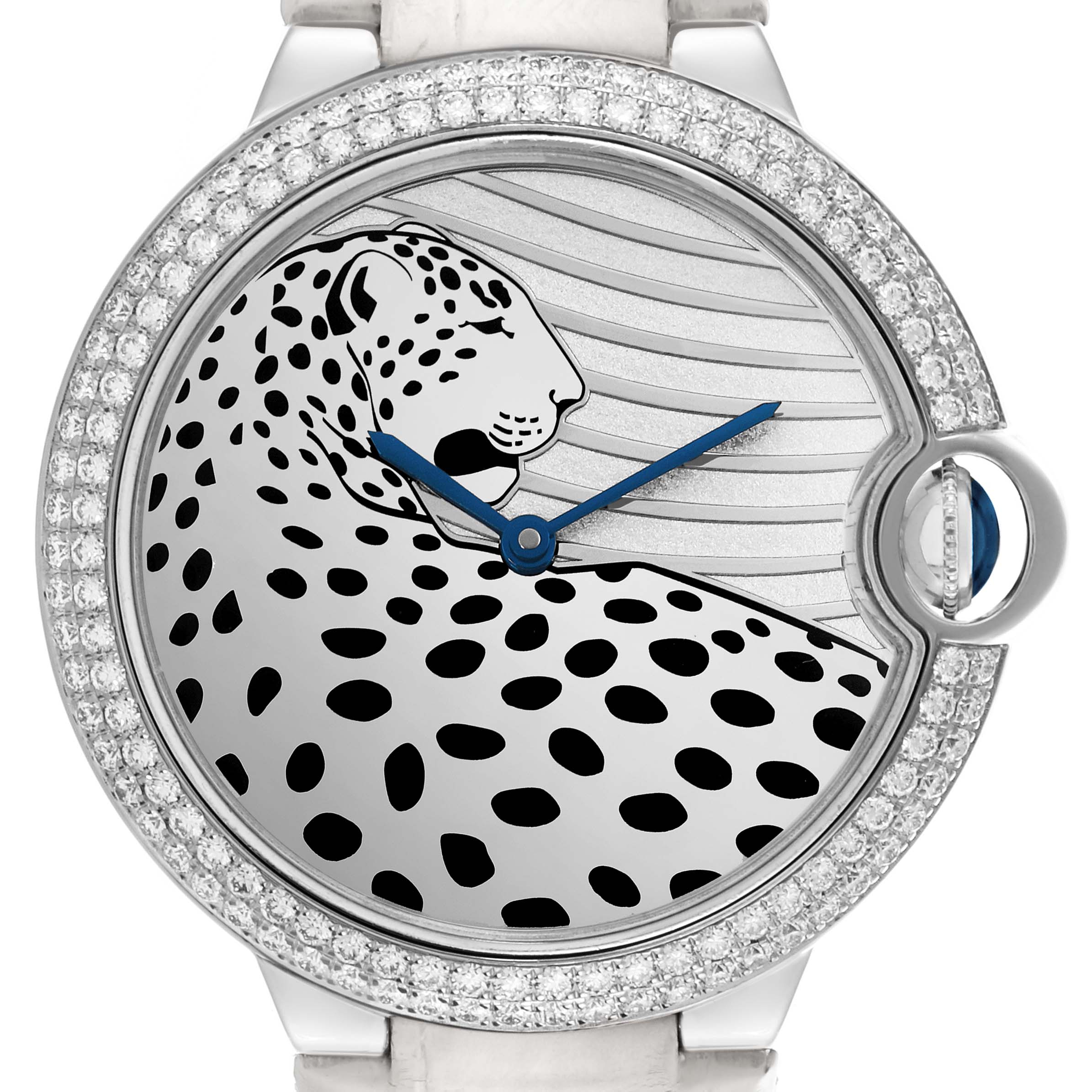 The Cartier Ballon Bleu HPI00478 Women's White Gold Silver Dial HPI00478 Women's White Gold Silver Dial watch is shown from the front, highlighting the face, bezel, and strap connection.