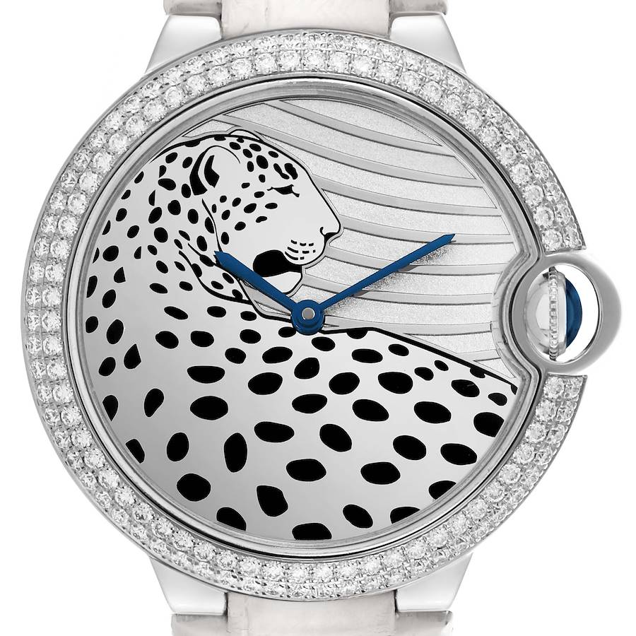 The Cartier Ballon Bleu watch is shown from the front, highlighting the face, bezel, and strap connection.