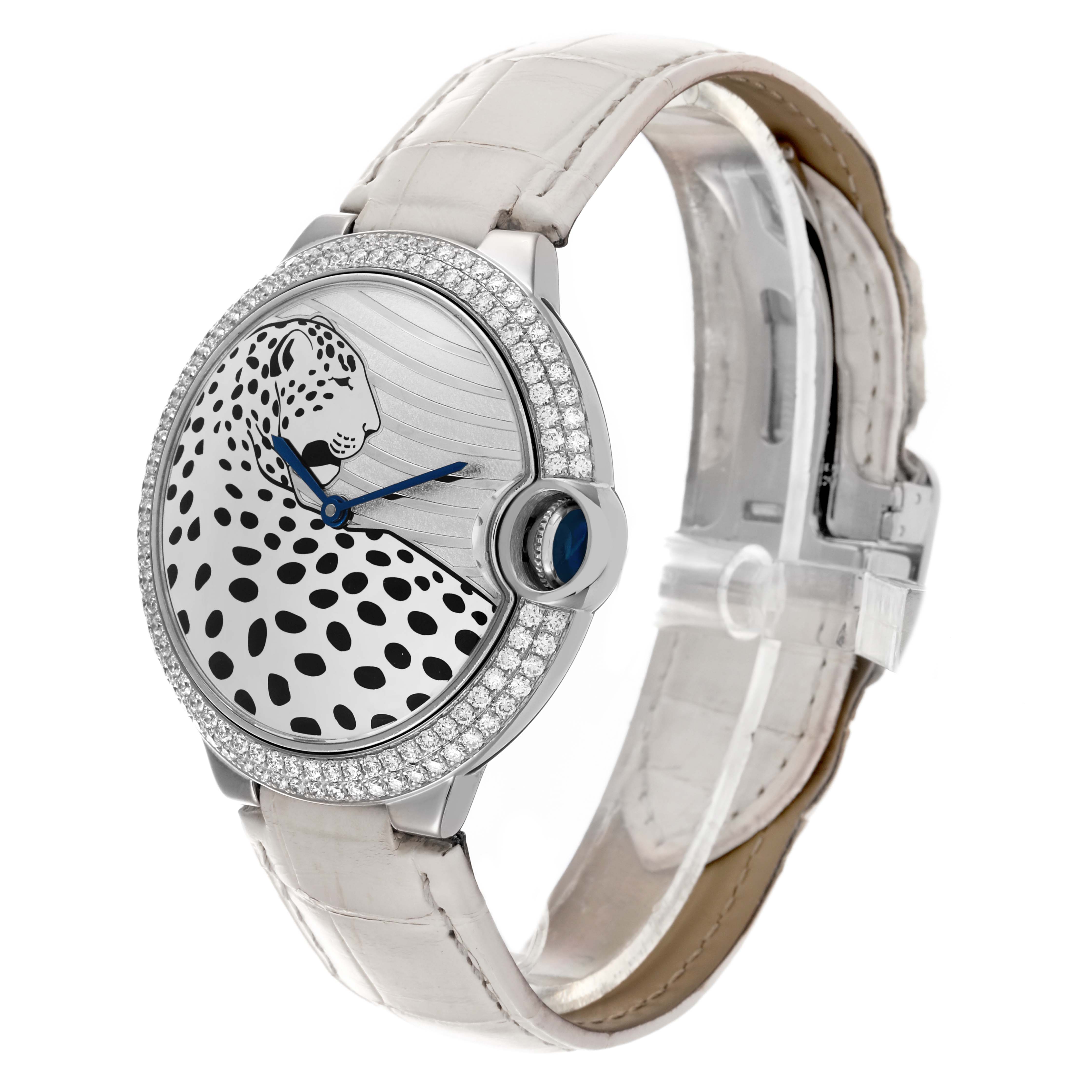 The Cartier Ballon Bleu HPI00478 Women's White Gold Silver Dial HPI00478 Women's White Gold Silver Dial watch is shown from a front-side angle, featuring a leopard design on the dial and a leather strap.