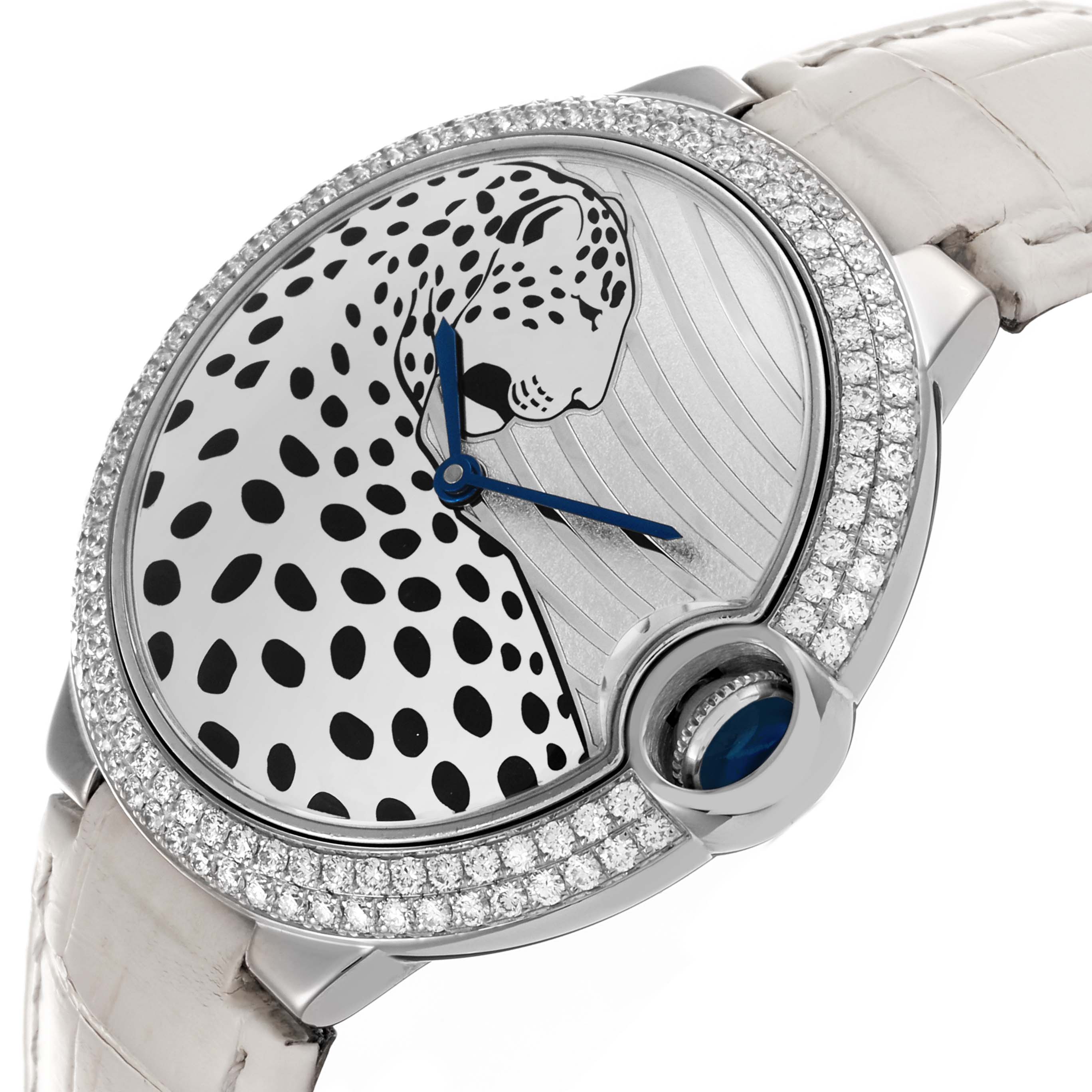 The Cartier Ballon Bleu HPI00478 Women's White Gold Silver Dial HPI00478 Women's White Gold Silver Dial watch is shown at an angle highlighting the face, bezel, crown, and partial strap.