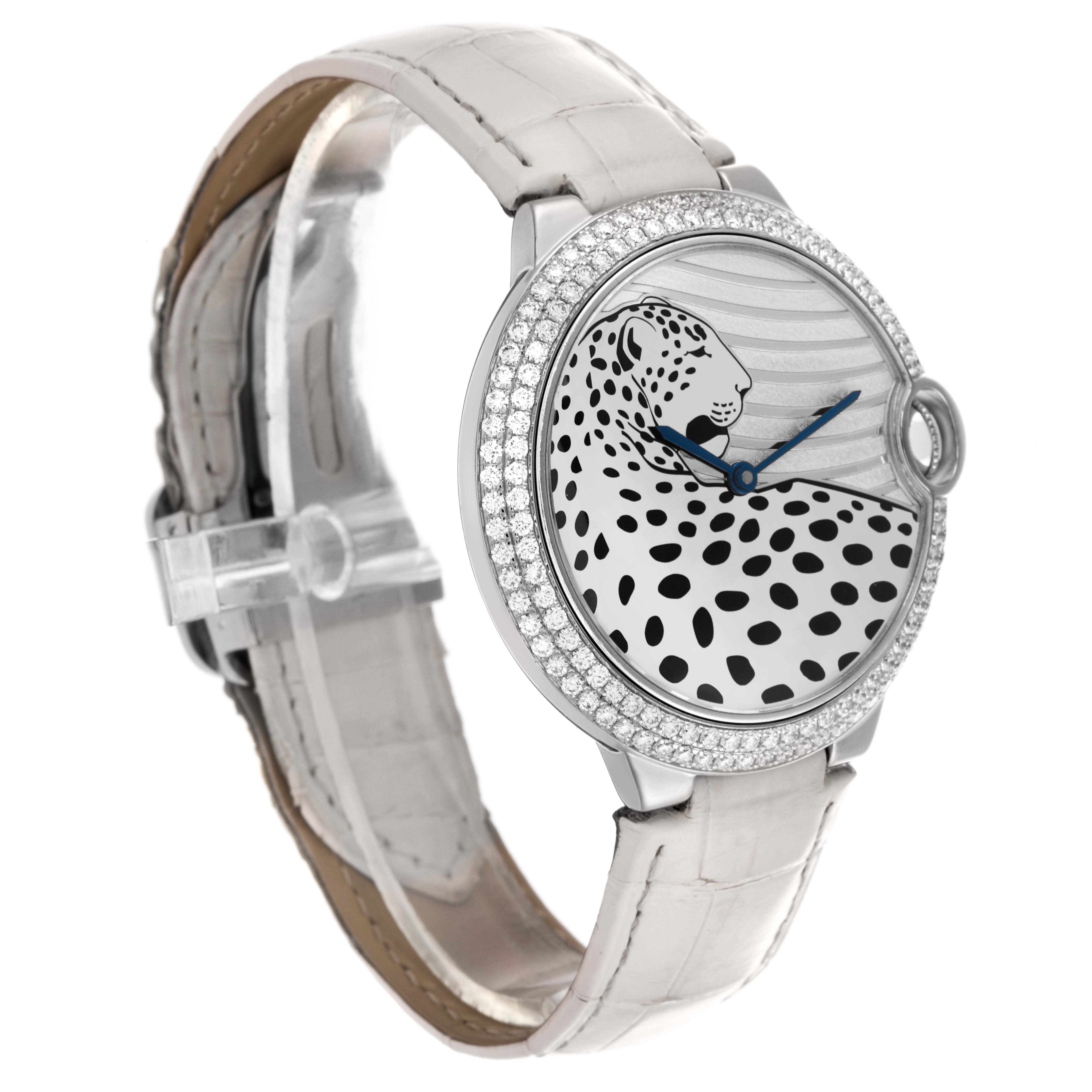 The Cartier Ballon Bleu HPI00478 Women's White Gold Silver Dial HPI00478 Women's White Gold Silver Dial watch is shown at an angle displaying the face, bezel, and strap.