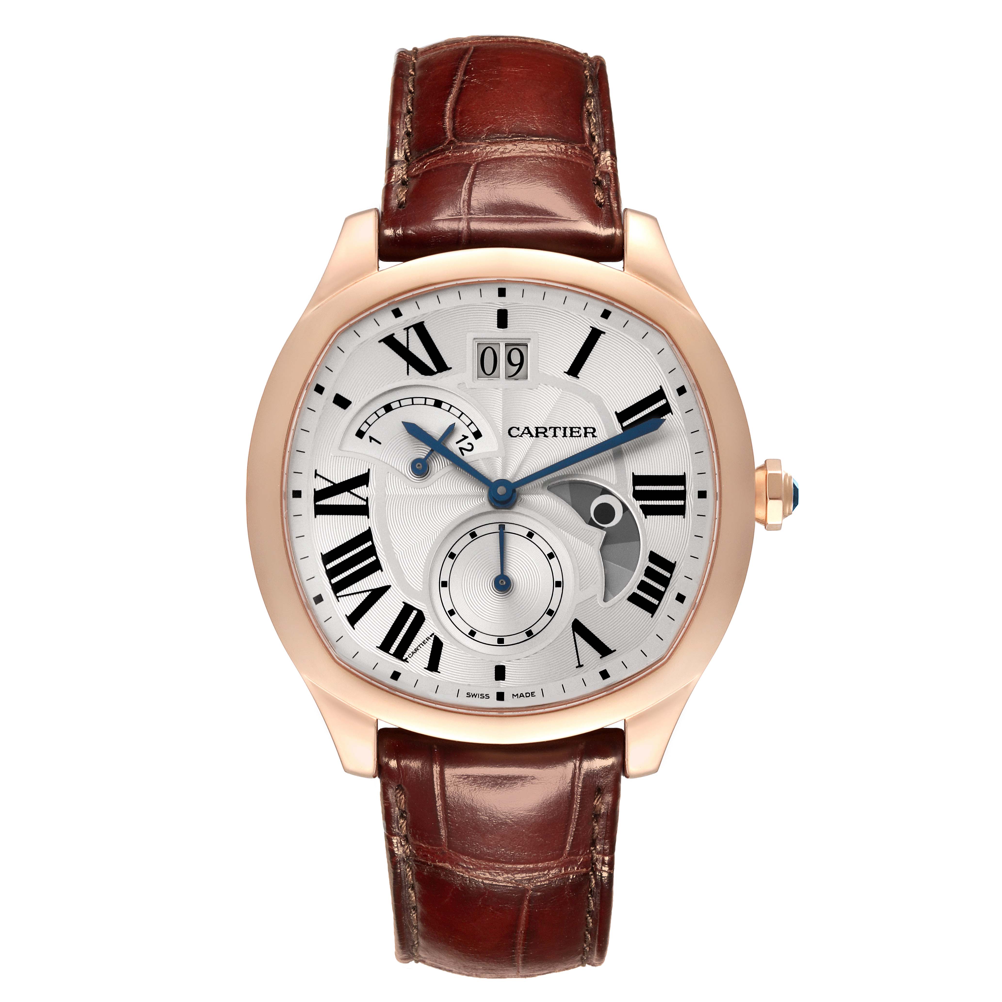 The Drive de Cartier watch is shown from the front, displaying its dial, hands, and leather strap.