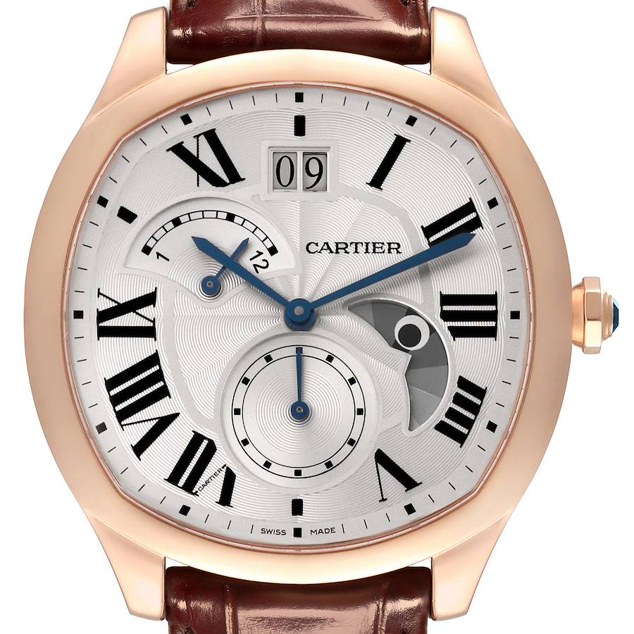 The image shows a front view of the Drive de Cartier watch, highlighting its detailed dial and Roman numerals.