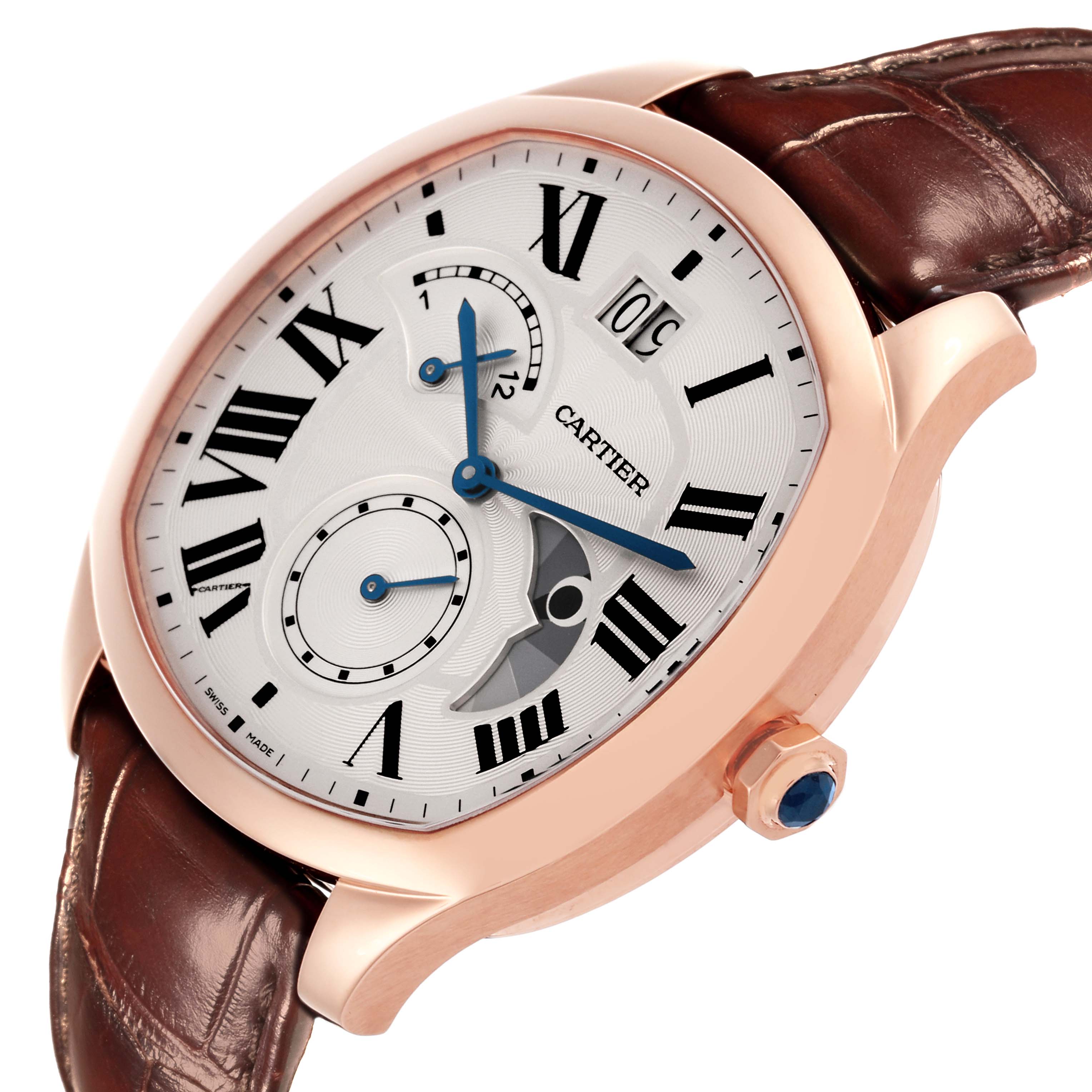 The image shows a Drive de Cartier watch from an angled top view, highlighting the dial, case, crown, and leather strap.