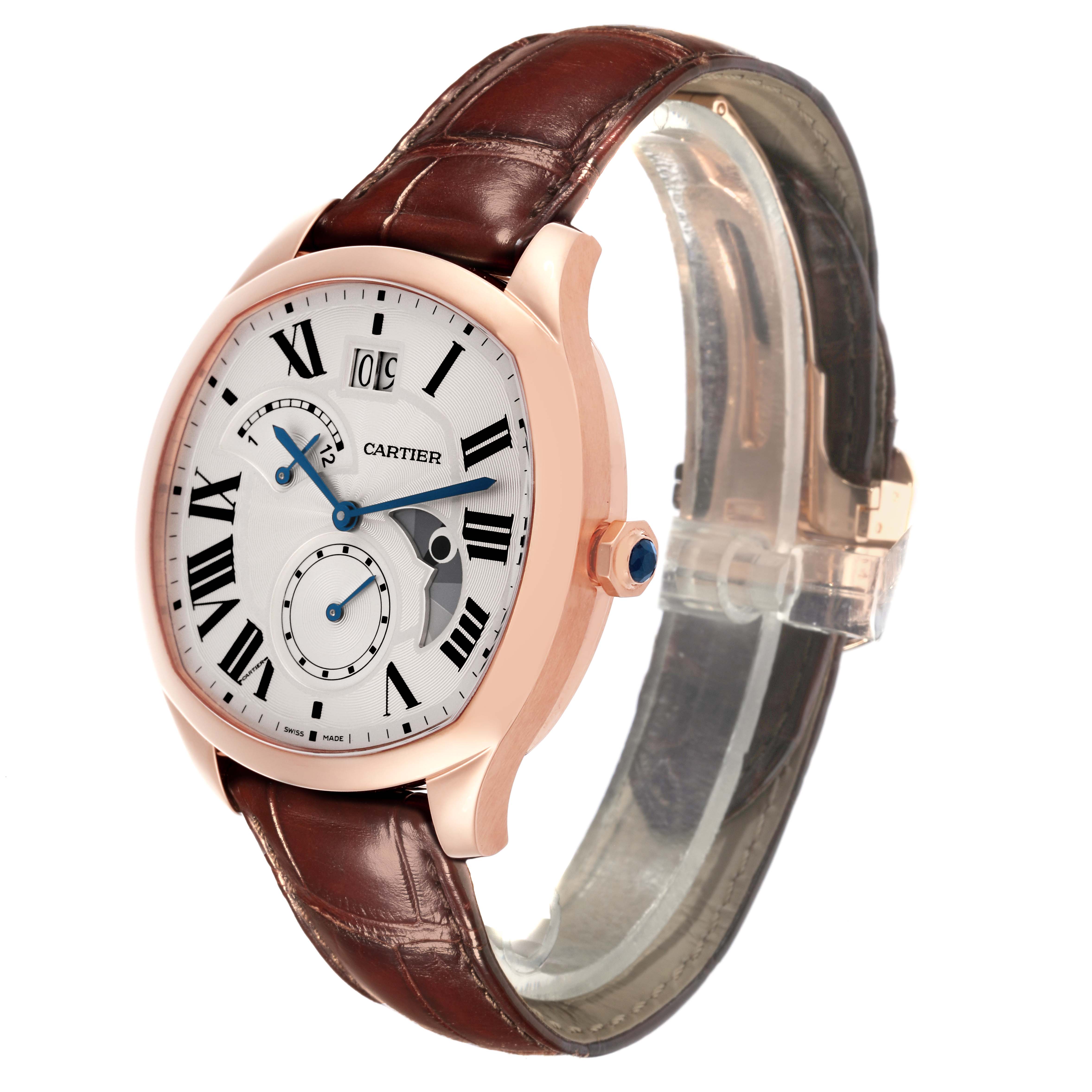 The Drive de Cartier watch is shown at a three-quarter angle, highlighting the rose gold case, dial, and leather strap.