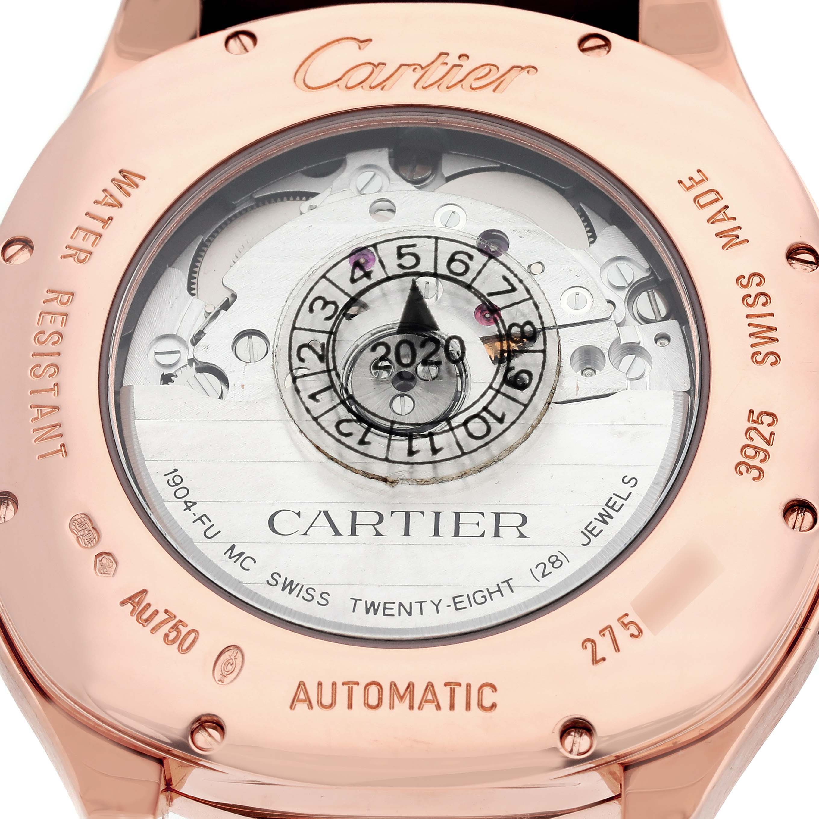 The image shows the case back of the Drive de Cartier watch, revealing its automatic movement and engravings.