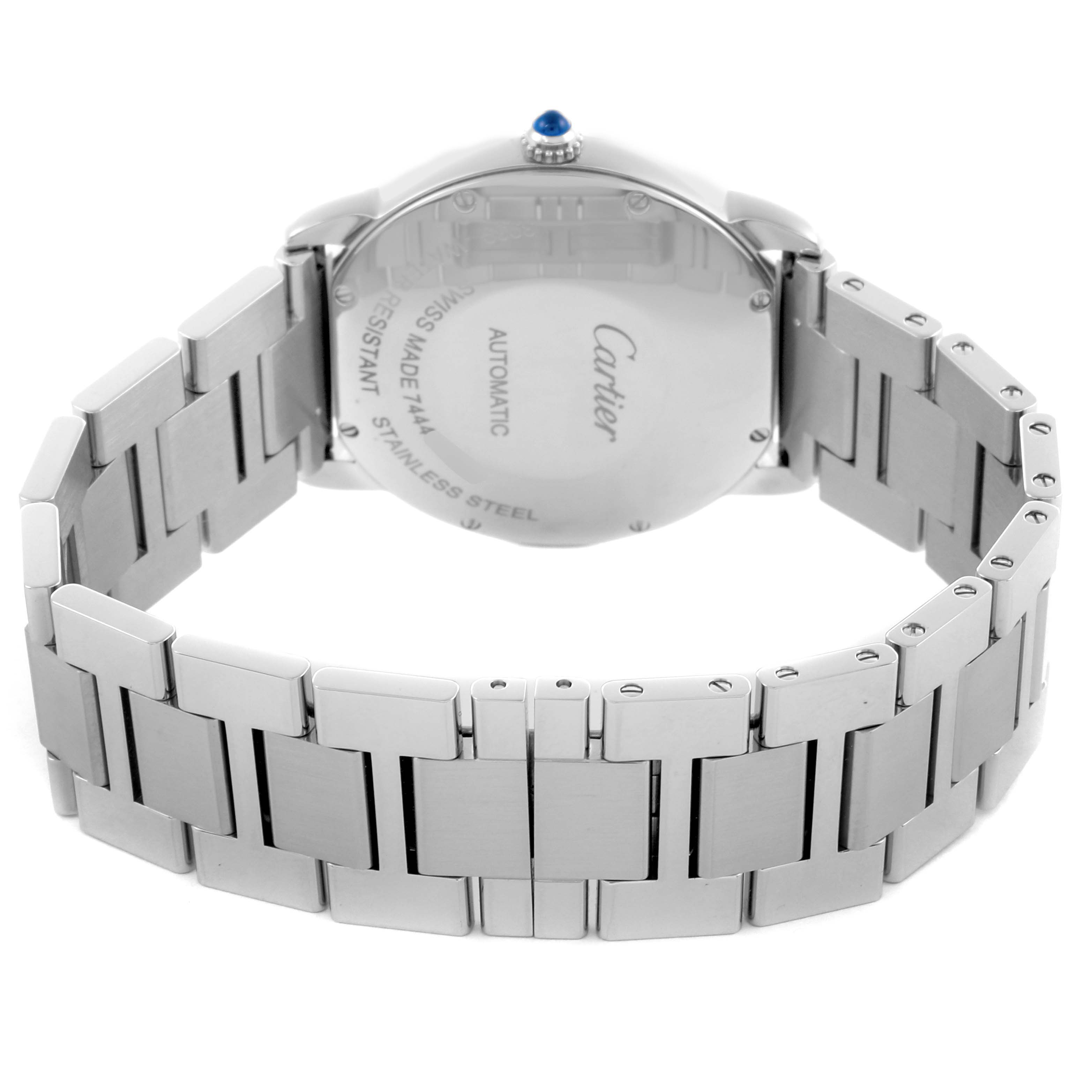 The image shows the back and bracelet of the Cartier Ronde WSRN0012 Women's Stainless Steel Silver Dial WSRN0012 Women's Stainless Steel Silver Dial watch, highlighting the stainless steel and clasp mechanism.
