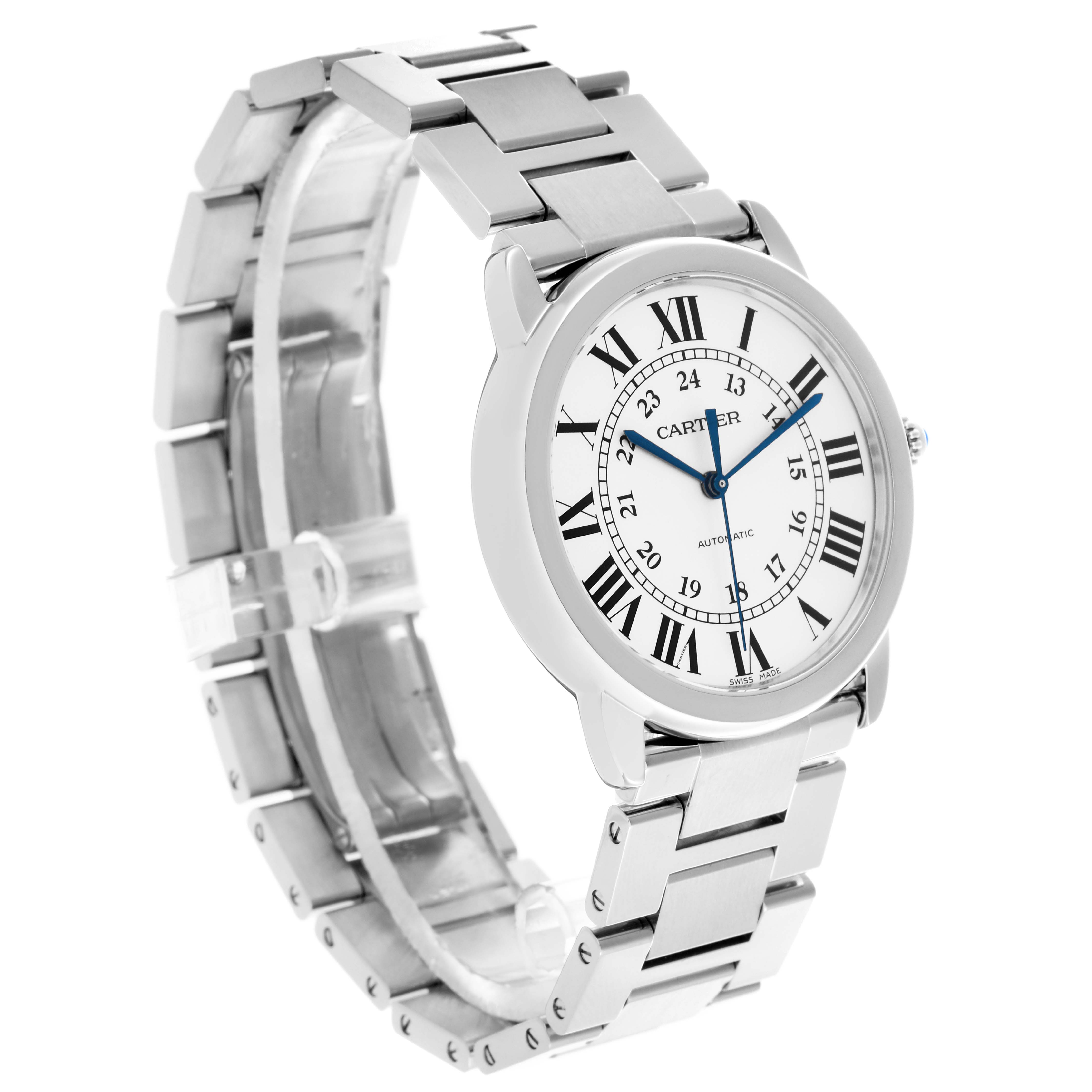 The Cartier Ronde WSRN0012 Women's Stainless Steel Silver Dial WSRN0012 Women's Stainless Steel Silver Dial watch is shown at a side angle, displaying the face with Roman numerals and metal bracelet.