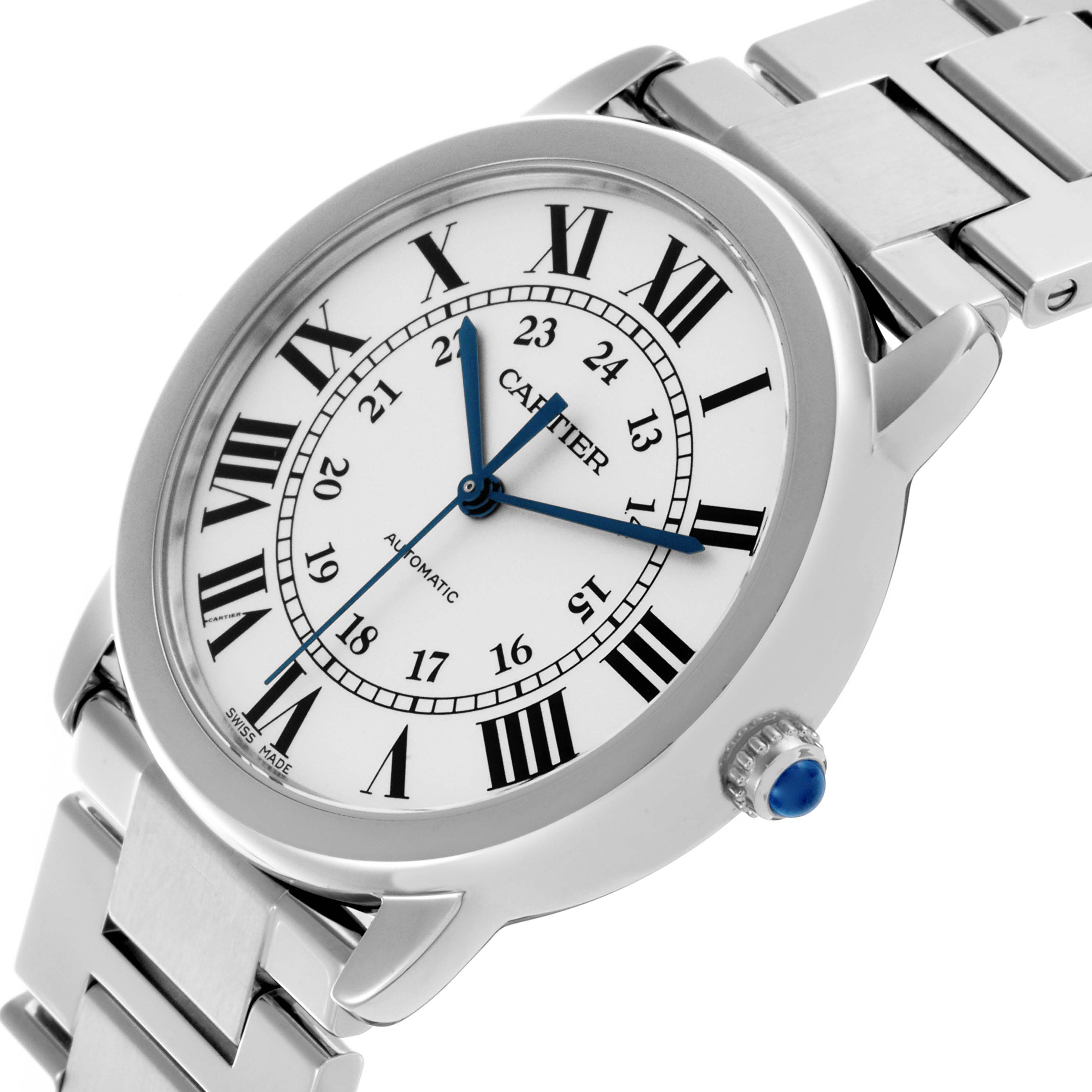 The Cartier Ronde WSRN0012 Women's Stainless Steel Silver Dial WSRN0012 Women's Stainless Steel Silver Dial watch is shown at an angled view, highlighting the dial, bezel, and part of the metal bracelet.