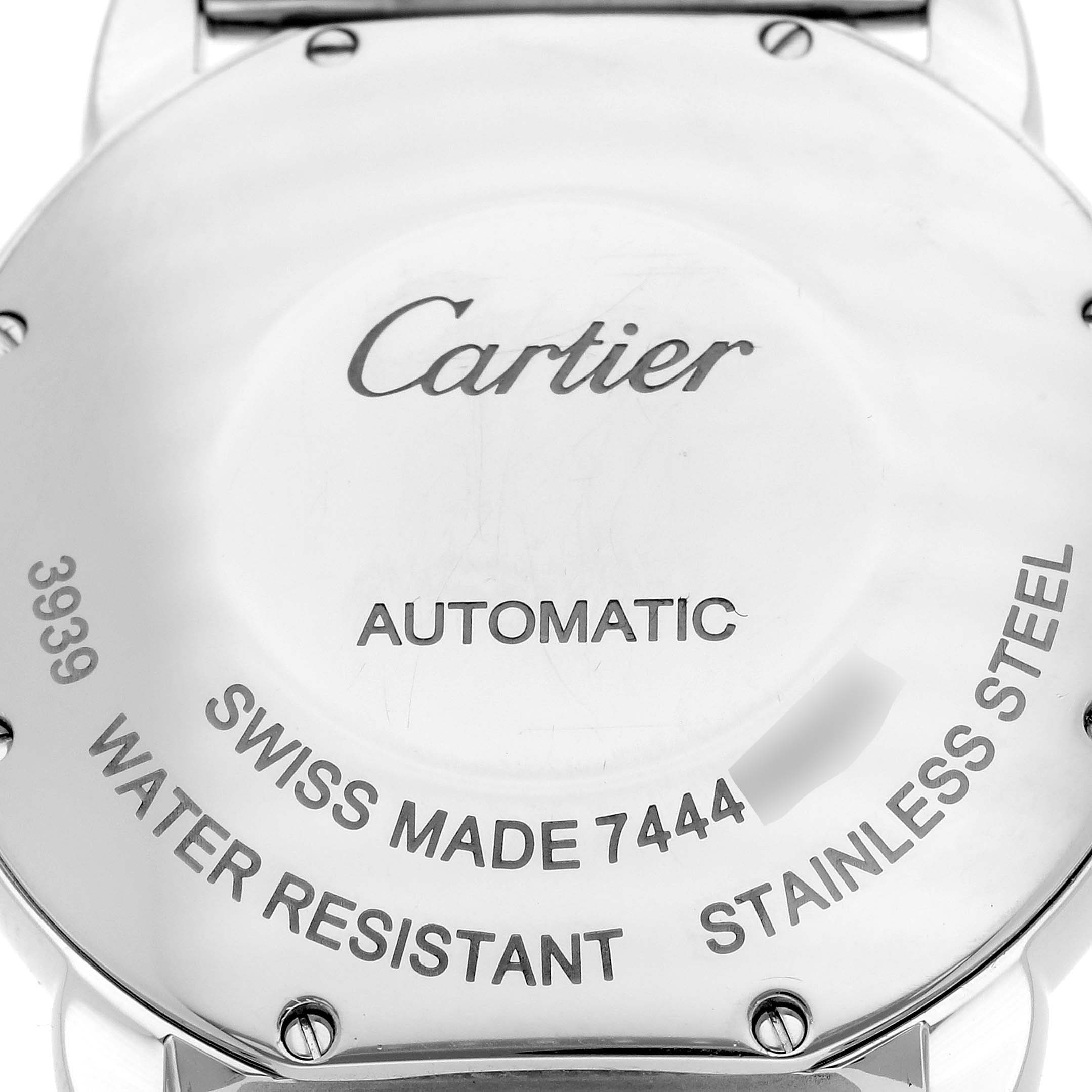 The image shows the back of the Cartier Ronde WSRN0012 Women's Stainless Steel Silver Dial WSRN0012 Women's Stainless Steel Silver Dial watch, displaying text about its features.
