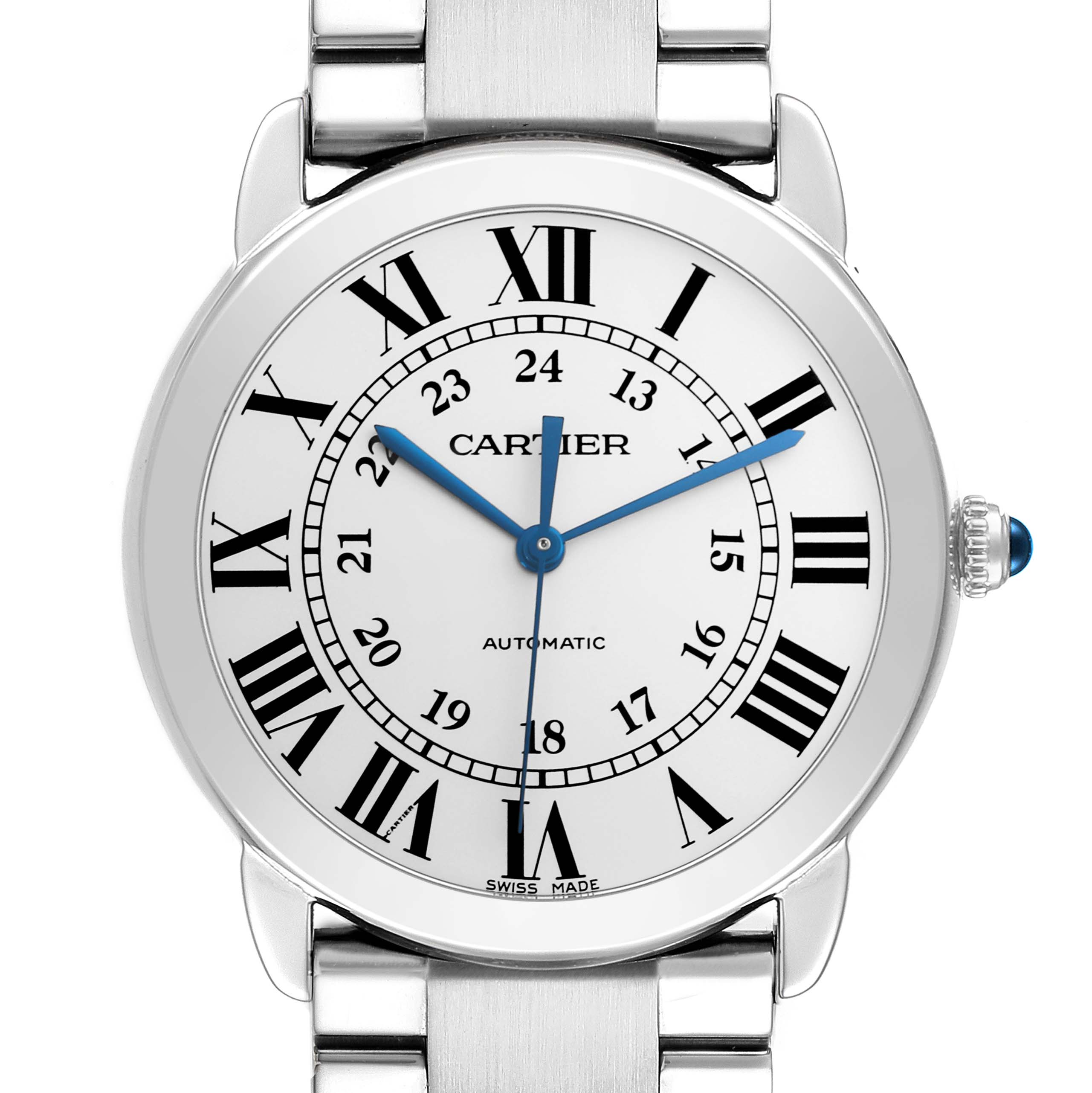 The Cartier Ronde WSRN0012 Women's Stainless Steel Silver Dial WSRN0012 Women's Stainless Steel Silver Dial watch is shown from the front, displaying the dial, Roman numerals, blue hands, and part of the bracelet.
