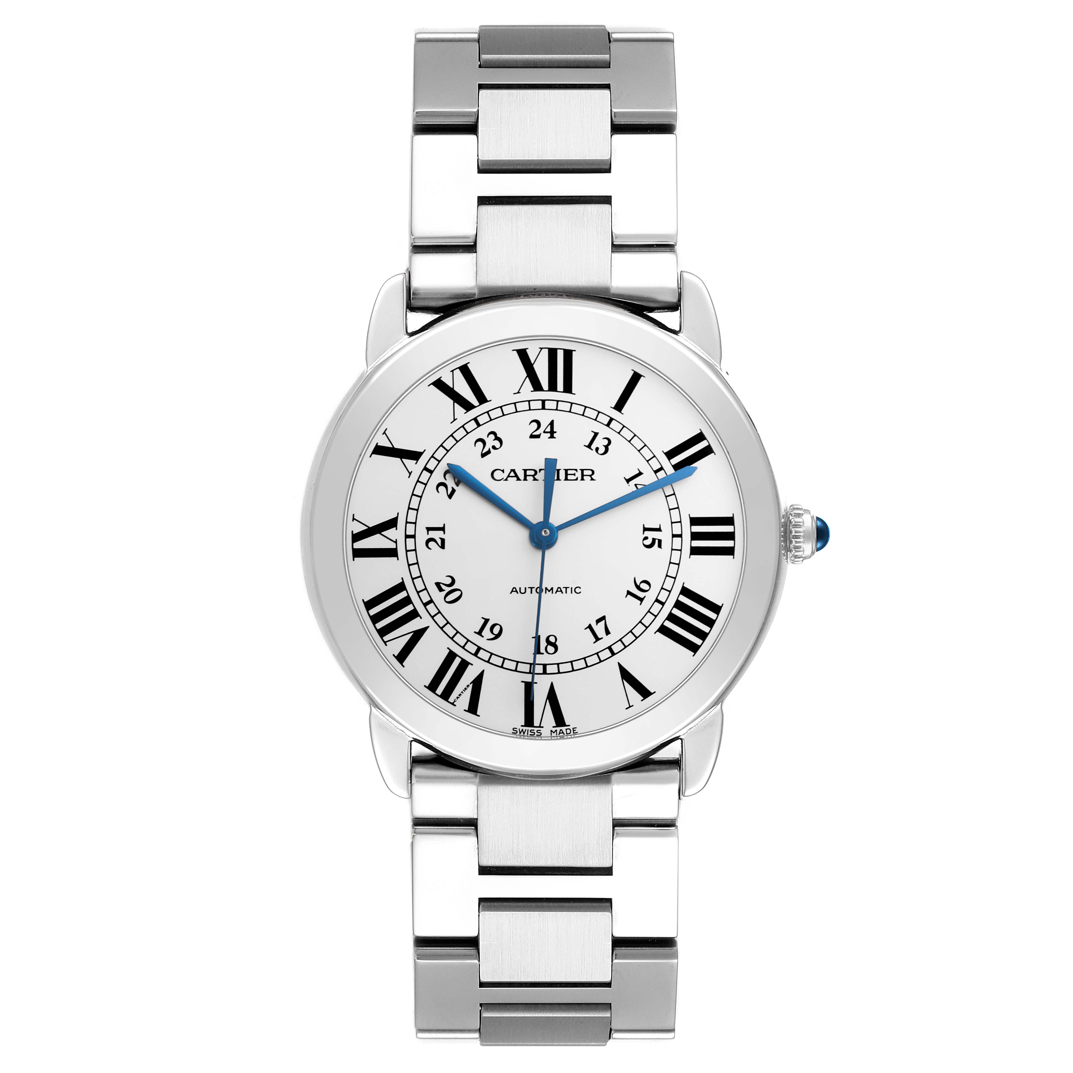 The Cartier Ronde WSRN0012 Women's Stainless Steel Silver Dial WSRN0012 Women's Stainless Steel Silver Dial watch is shown from a straight-on angle, displaying its face, Roman numerals, hands, and metal bracelet.