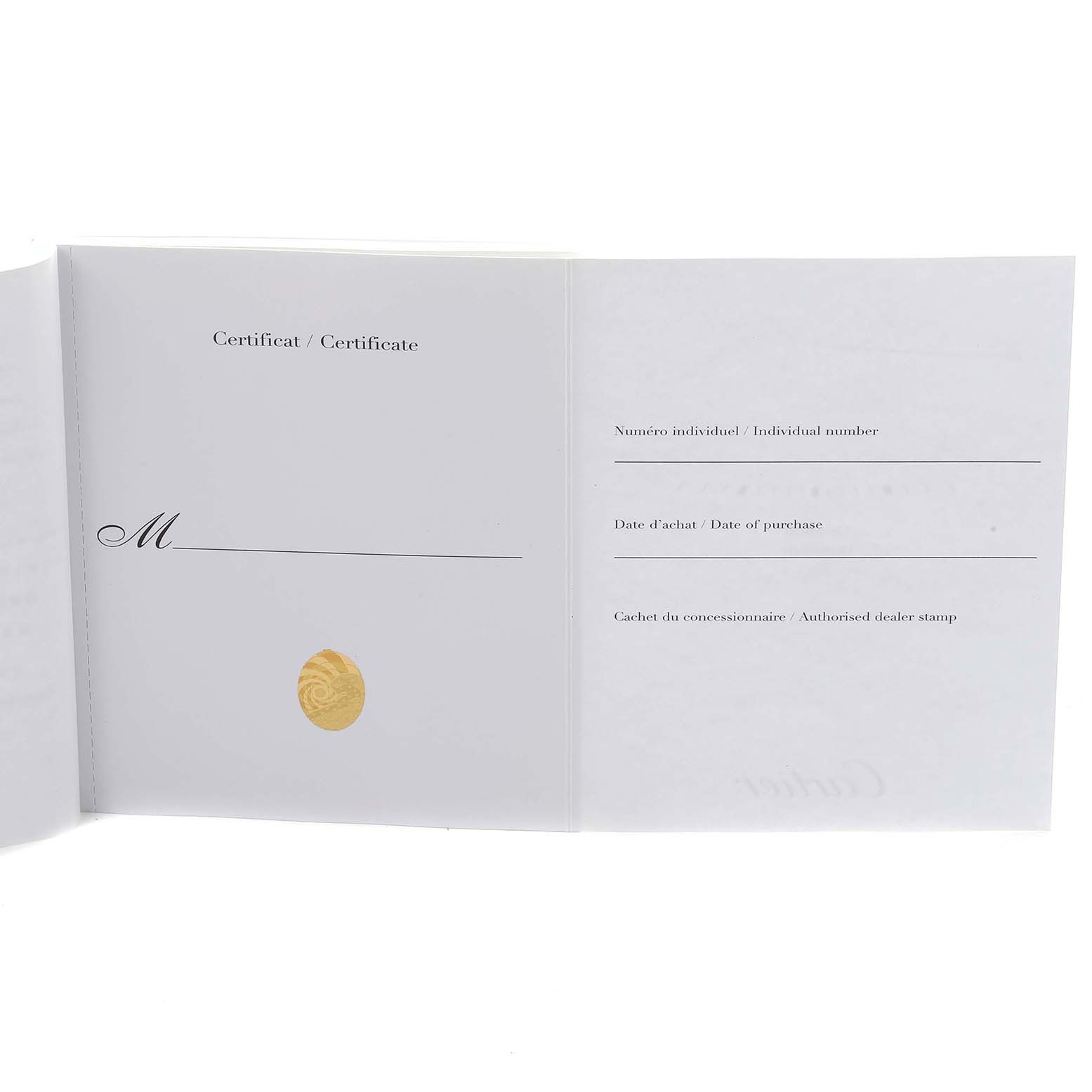 The image shows an open warranty certificate booklet for the Cartier Ronde WSRN0012 Women's Stainless Steel Silver Dial WSRN0012 Women's Stainless Steel Silver Dial model.