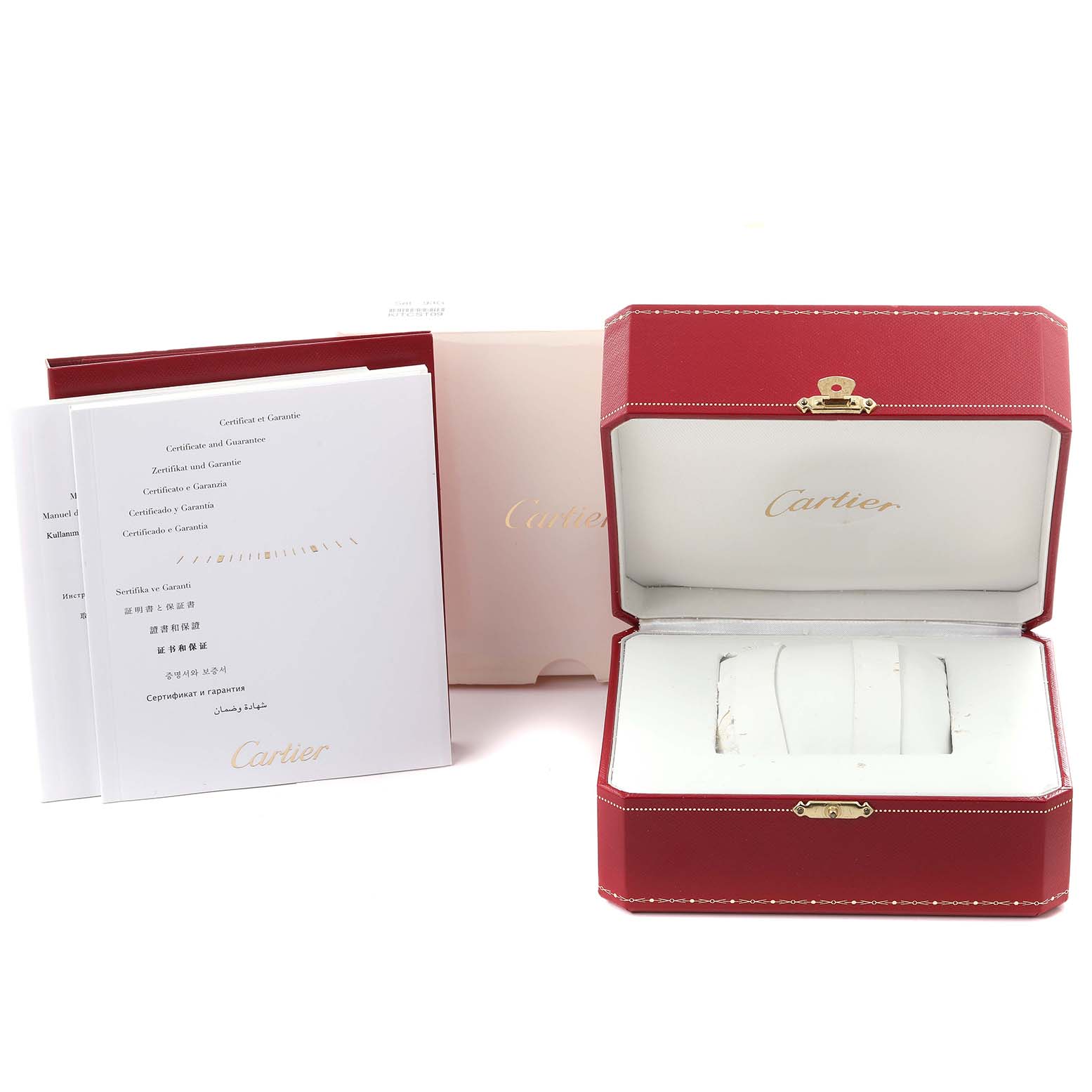 The image shows a Cartier Ronde WSRN0012 Women's Stainless Steel Silver Dial WSRN0012 Women's Stainless Steel Silver Dial watch box, with certificates and a red presentation case.