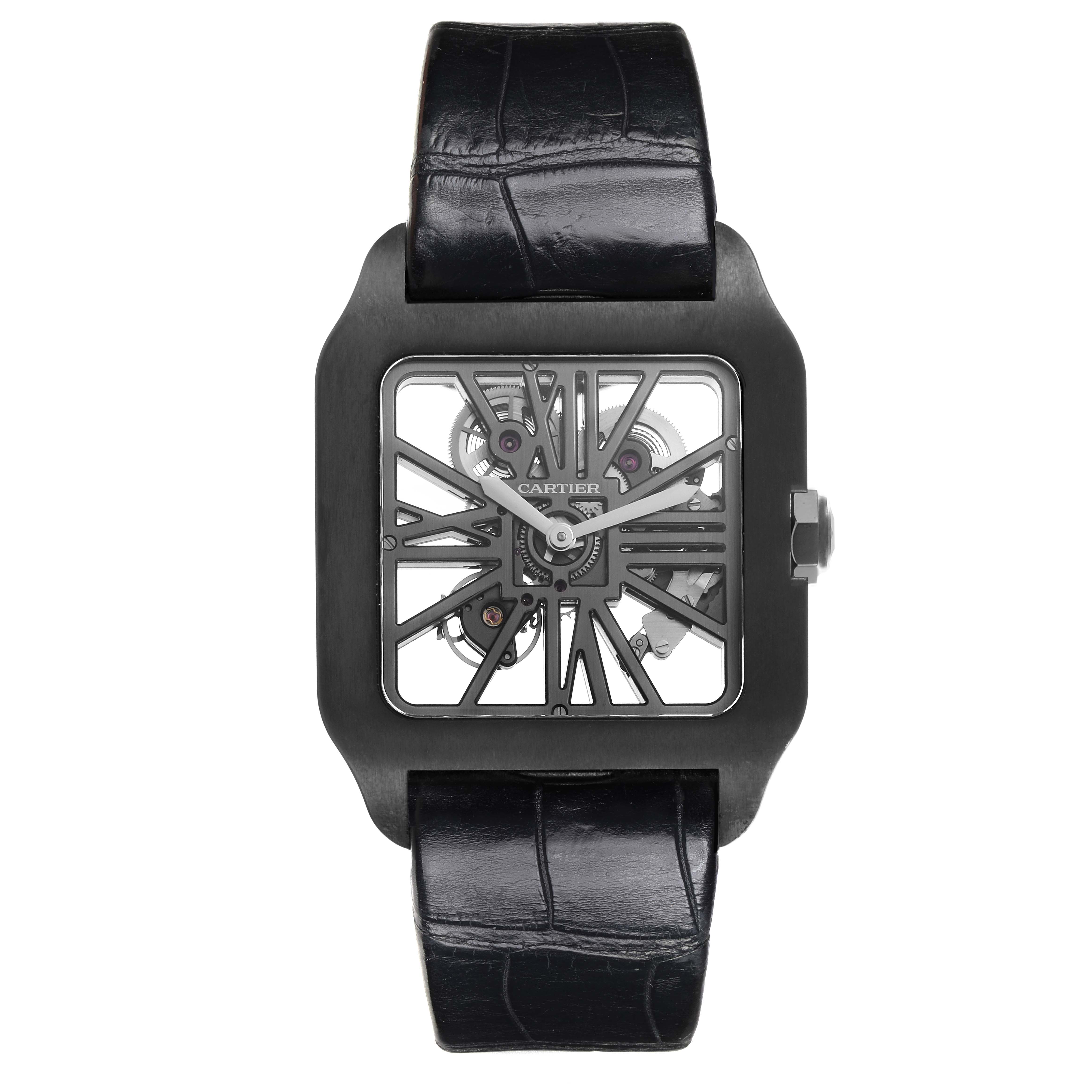 The image shows a front angle of the Cartier Santos W2020052 Men's Titanium Transparent Dial W2020052 Men's Titanium Transparent Dial watch with a skeleton dial and black leather strap.