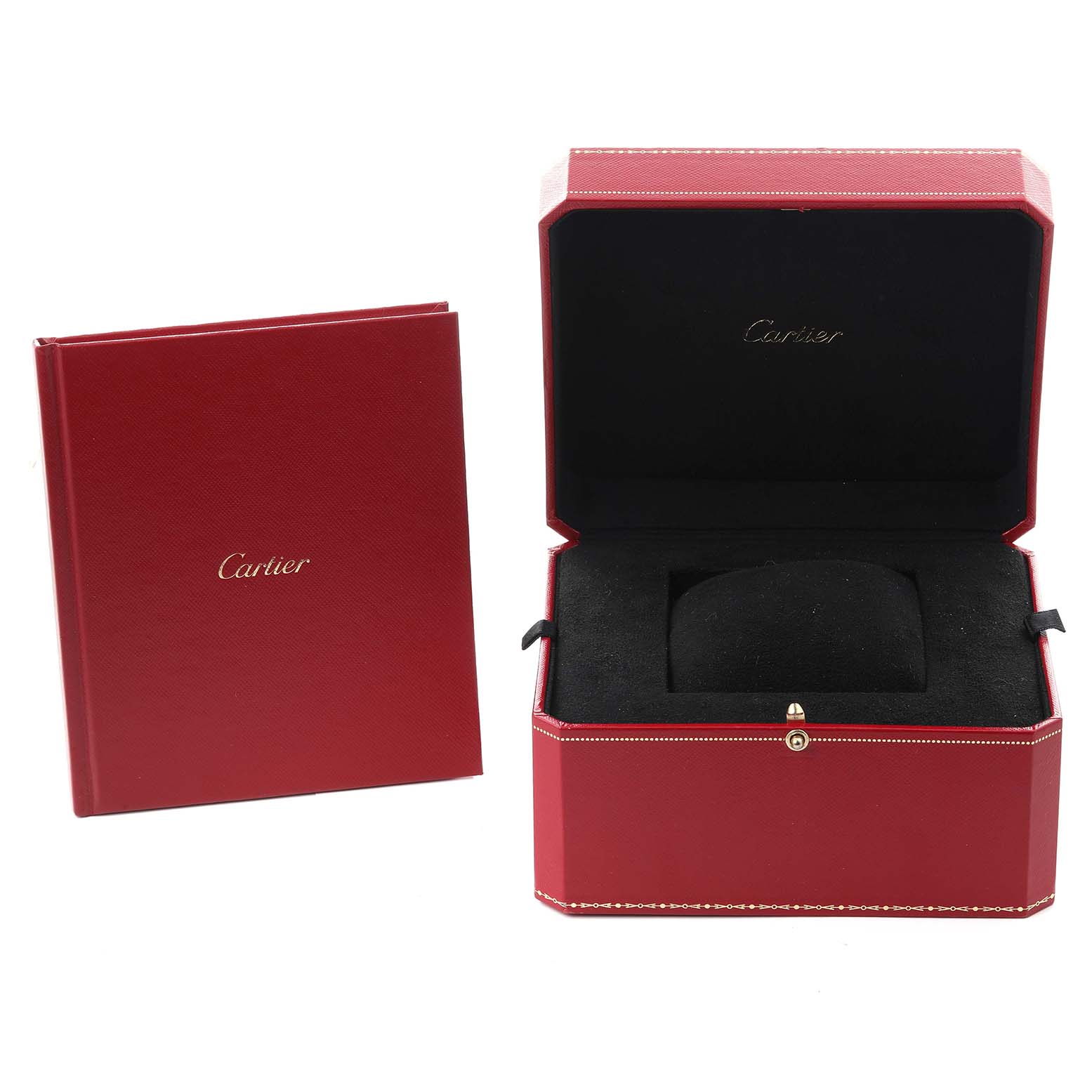 The image shows a Cartier Santos W2020052 Men's Titanium Transparent Dial W2020052 Men's Titanium Transparent Dial watch box and accompanying booklet.