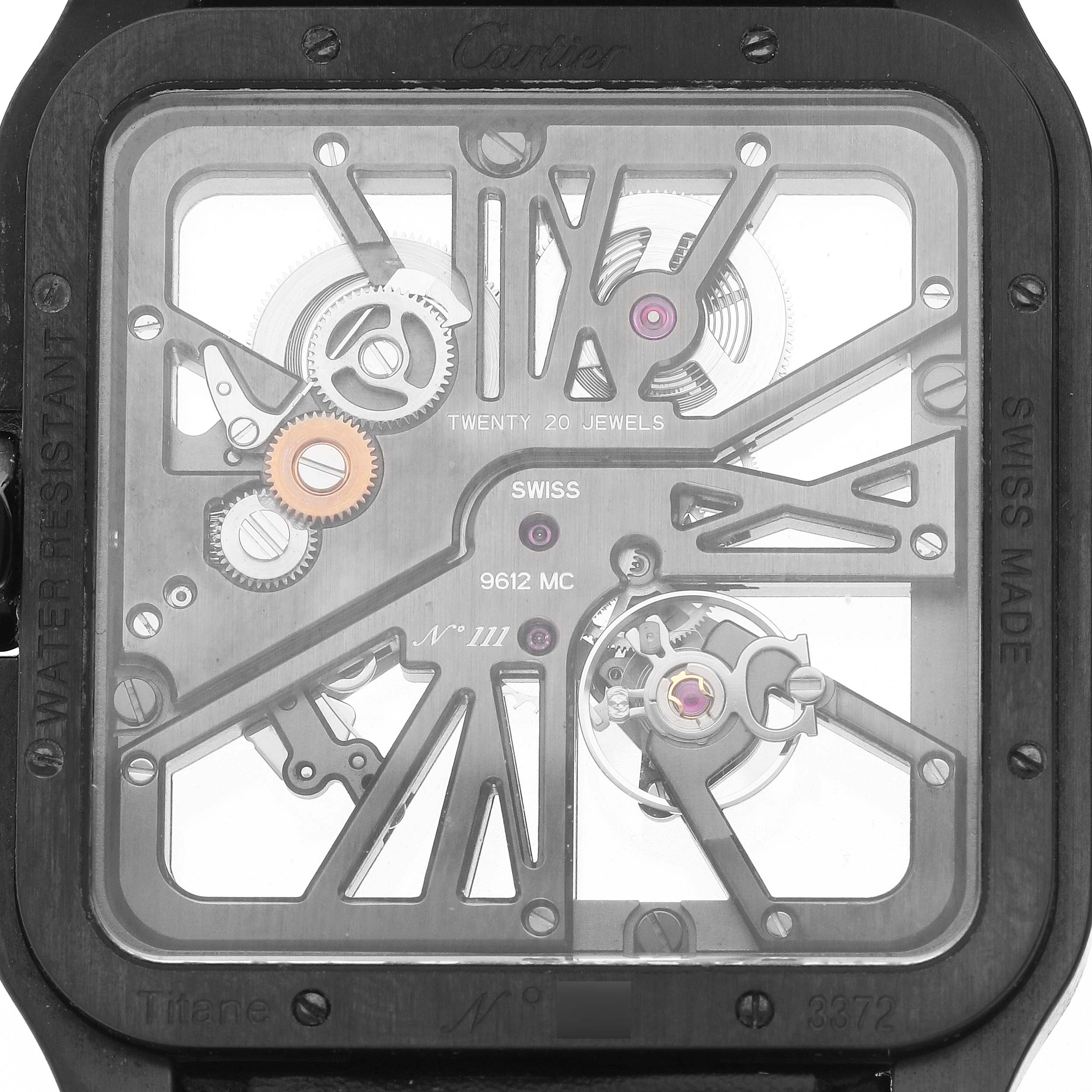 The image shows a close-up of the Santos by Cartier watch, highlighting its intricate skeleton movement and gears.