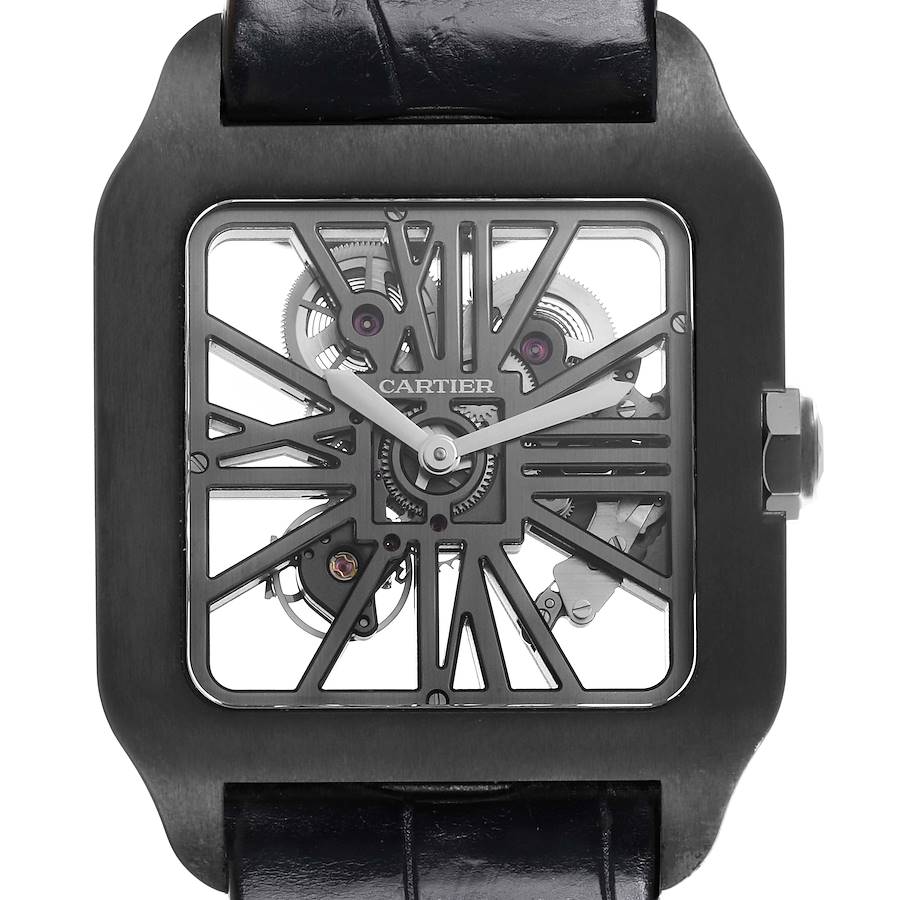 The image shows a Cartier Santos watch face from the front, displaying its skeletal dial and intricate mechanics.