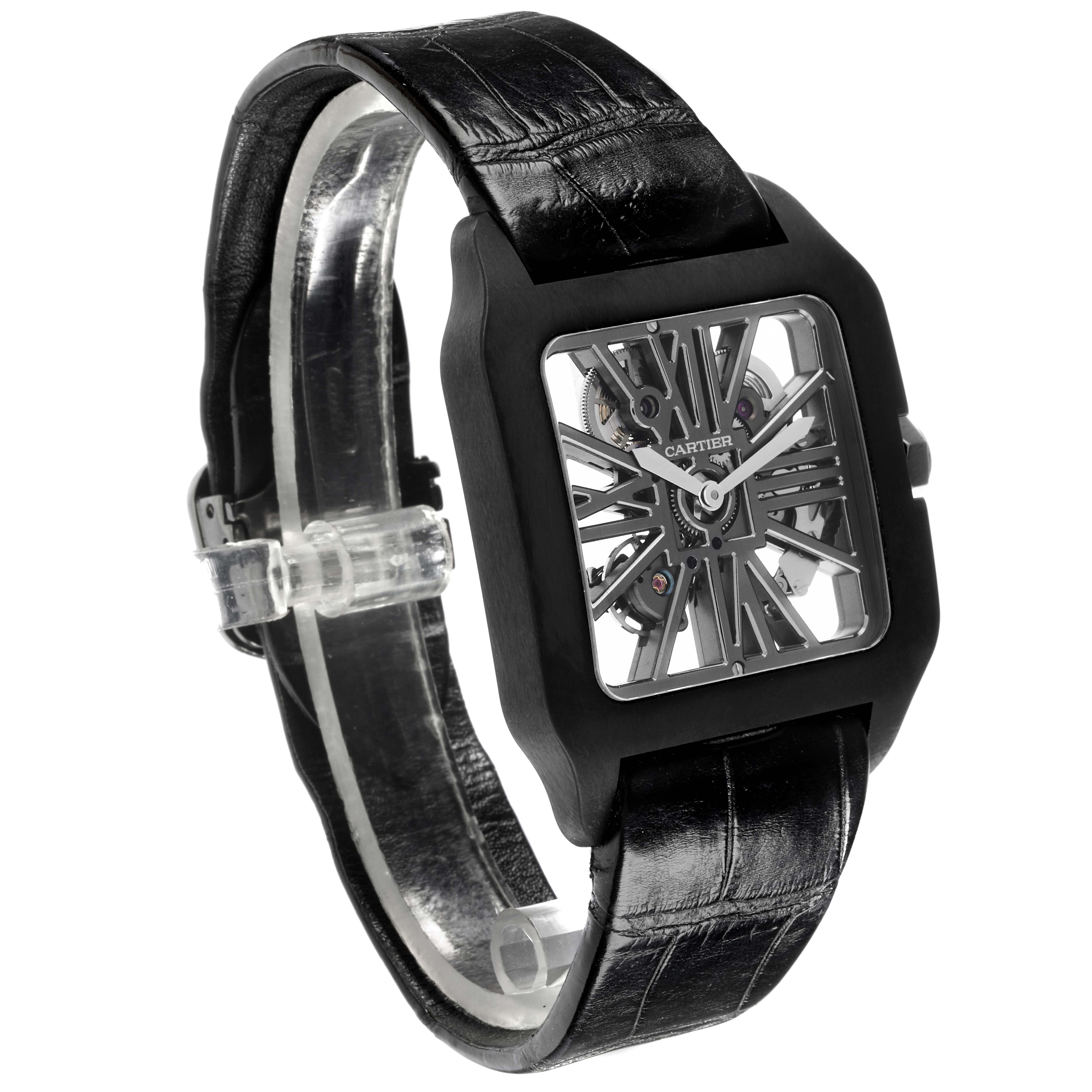 The Cartier Santos W2020052 Men's Titanium Transparent Dial W2020052 Men's Titanium Transparent Dial features a front-side angle showcasing its skeleton dial and black leather strap.