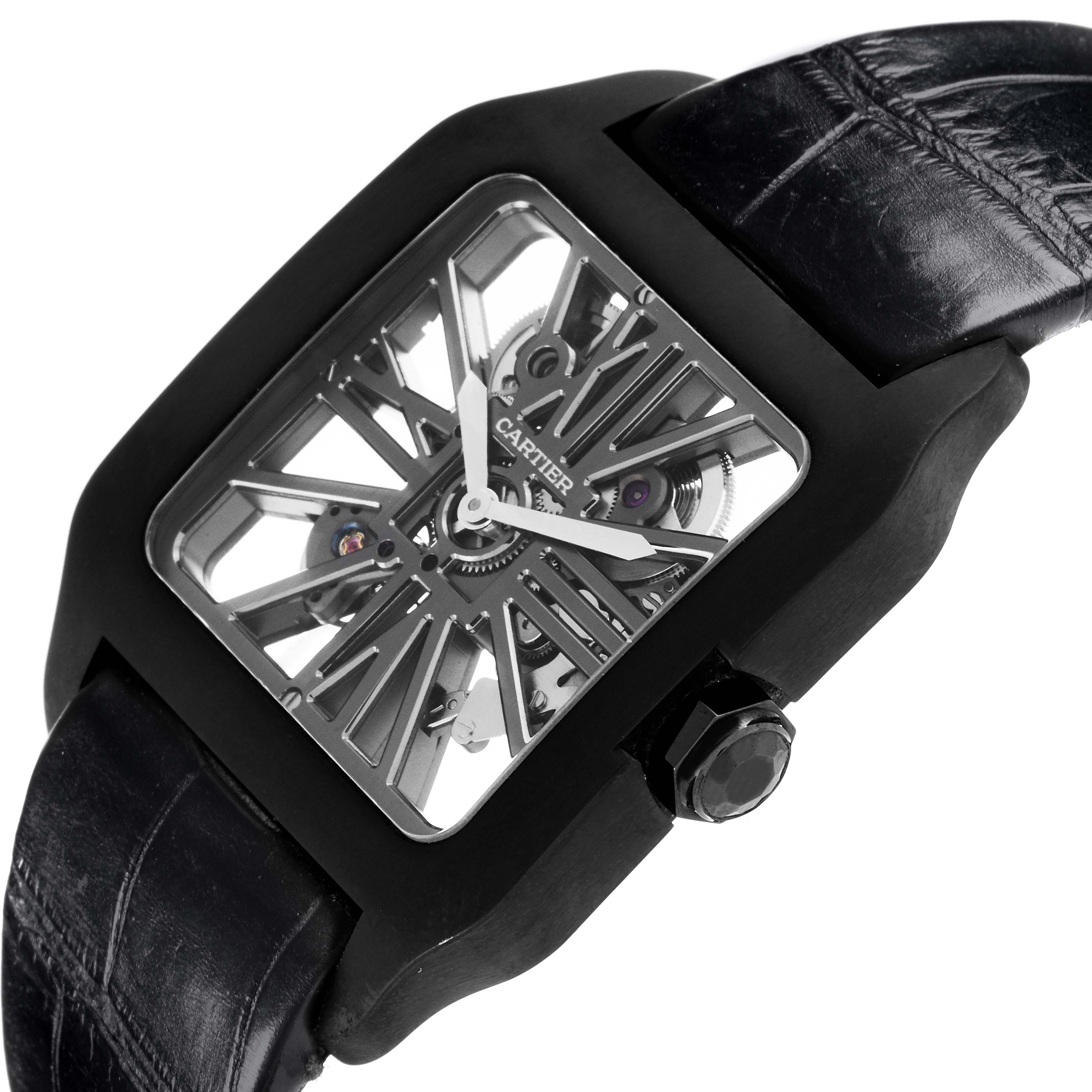 The Cartier Santos W2020052 Men's Titanium Transparent Dial W2020052 Men's Titanium Transparent Dial watch is shown from a diagonal angle, highlighting its skeleton dial and black leather strap.