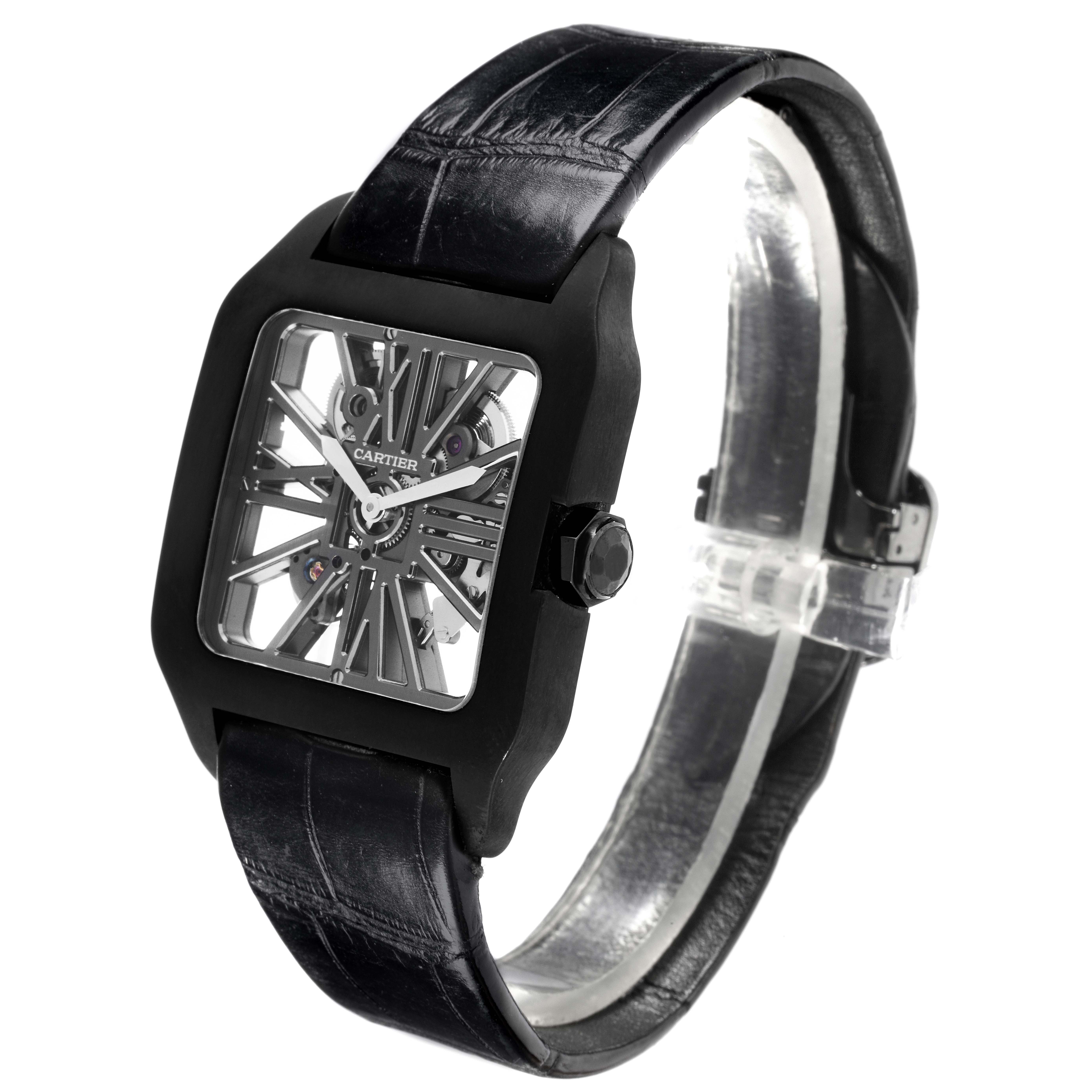 The Cartier Santos W2020052 Men's Titanium Transparent Dial W2020052 Men's Titanium Transparent Dial watch is shown at a three-quarter angle, highlighting its skeleton dial, case, crown, and leather strap.