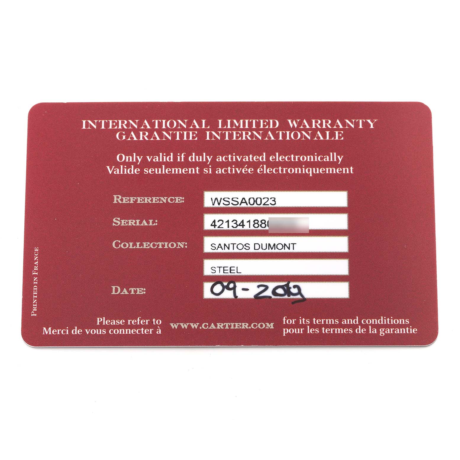 This image shows the international limited warranty card for a Cartier Santos WSSA0023 Women
s Stainless Steel Silver Dial WSSA0023 Women
s Stainless Steel Silver Dial-Dumont model watch.