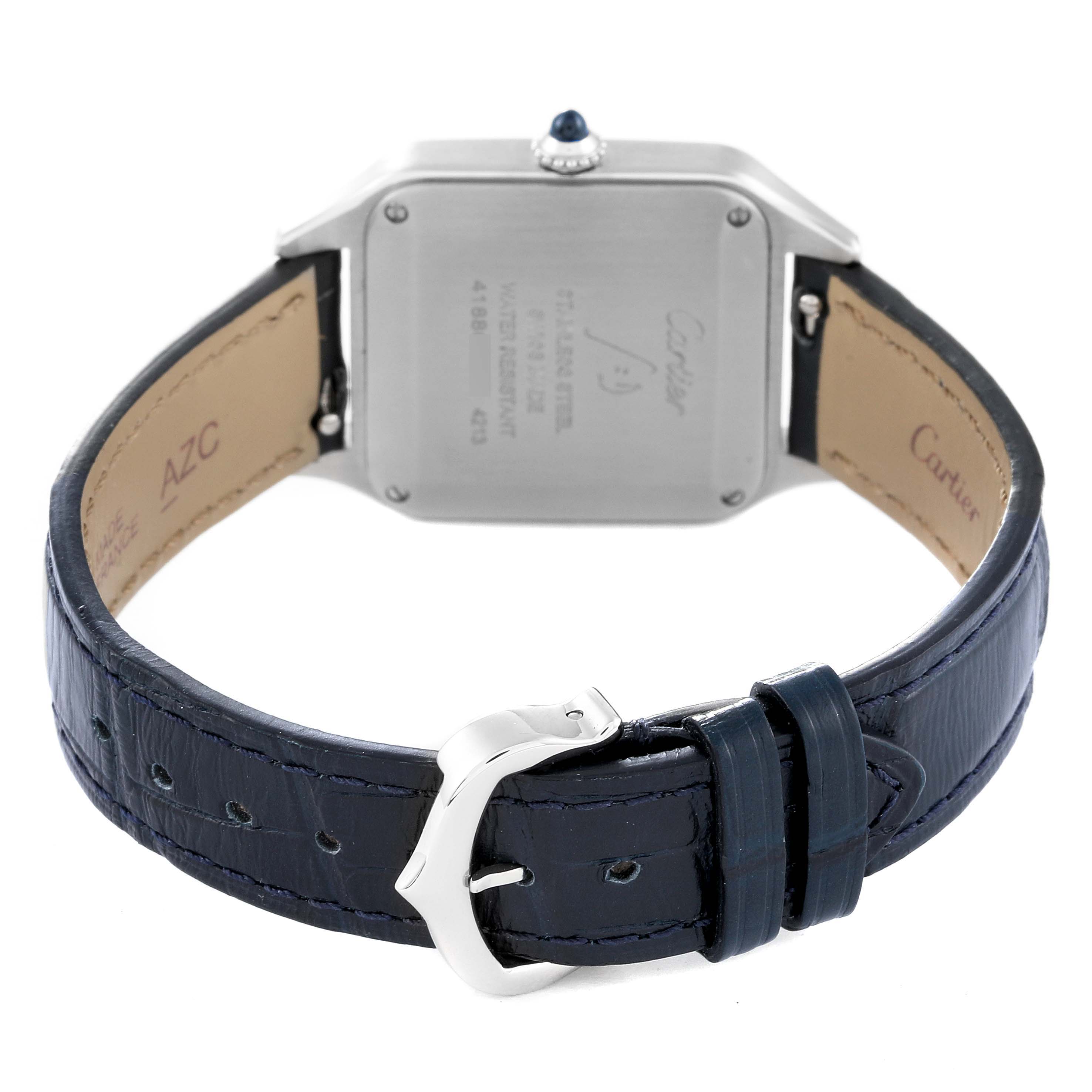 The image shows the back of a Santos model by Cartier with a close-up of the leather strap and buckle.