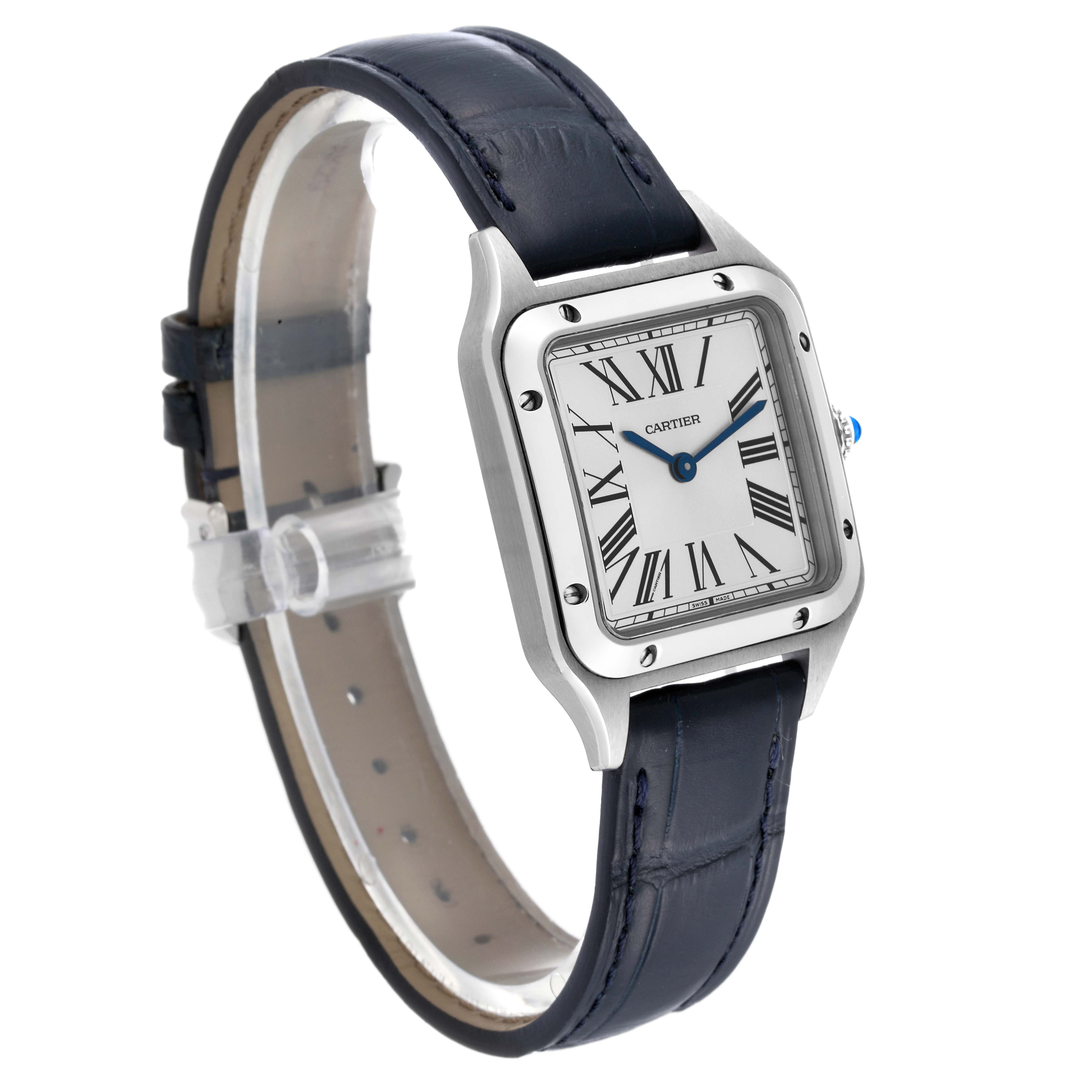 The Cartier Santos WSSA0023 Women
s Stainless Steel Silver Dial WSSA0023 Women
s Stainless Steel Silver Dial watch is shown at a slight angle, highlighting the face, case, and part of the leather strap.