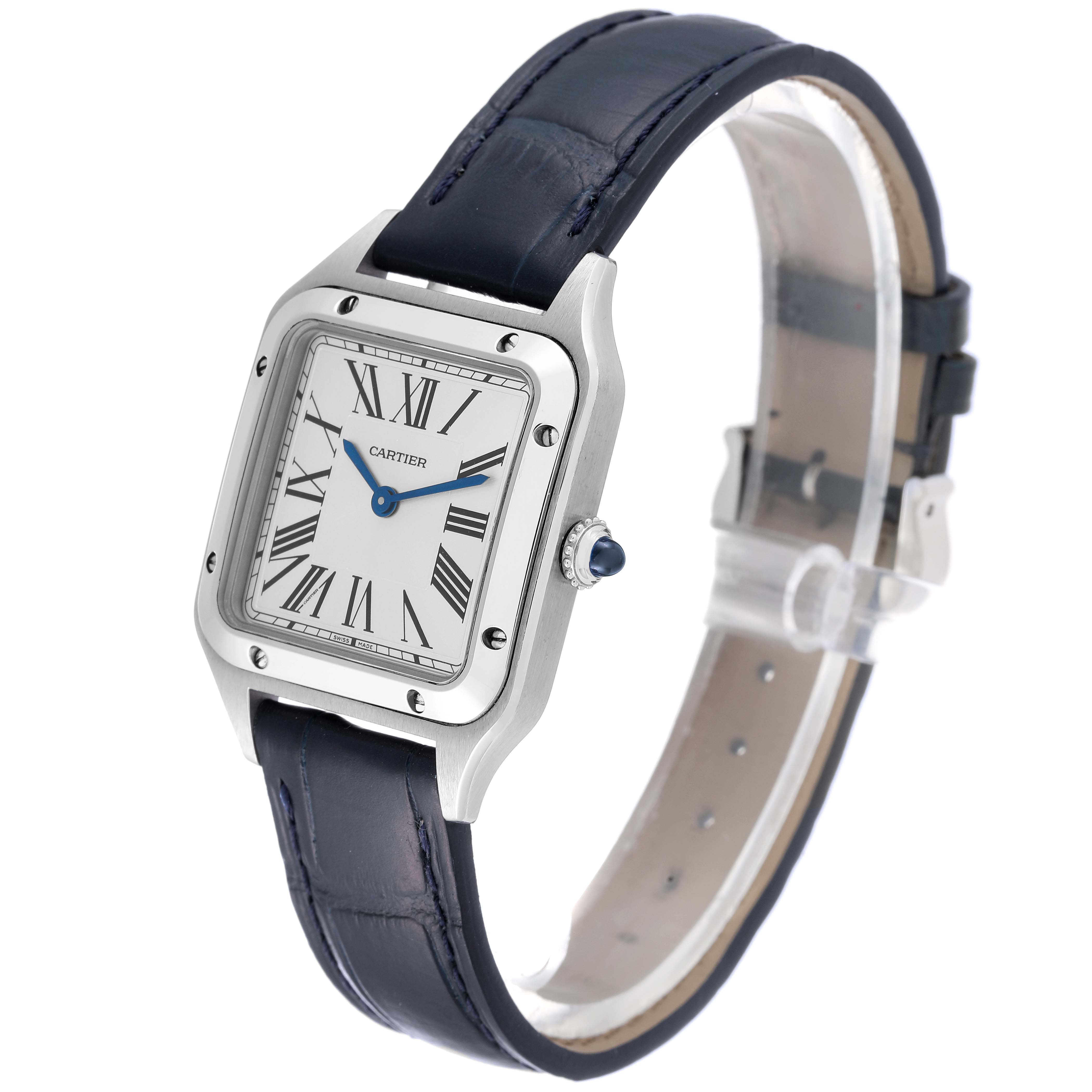 This Cartier Santos WSSA0023 Women
s Stainless Steel Silver Dial WSSA0023 Women
s Stainless Steel Silver Dial watch is shown from a three-quarter angle, displaying the face, bezel, and strap.