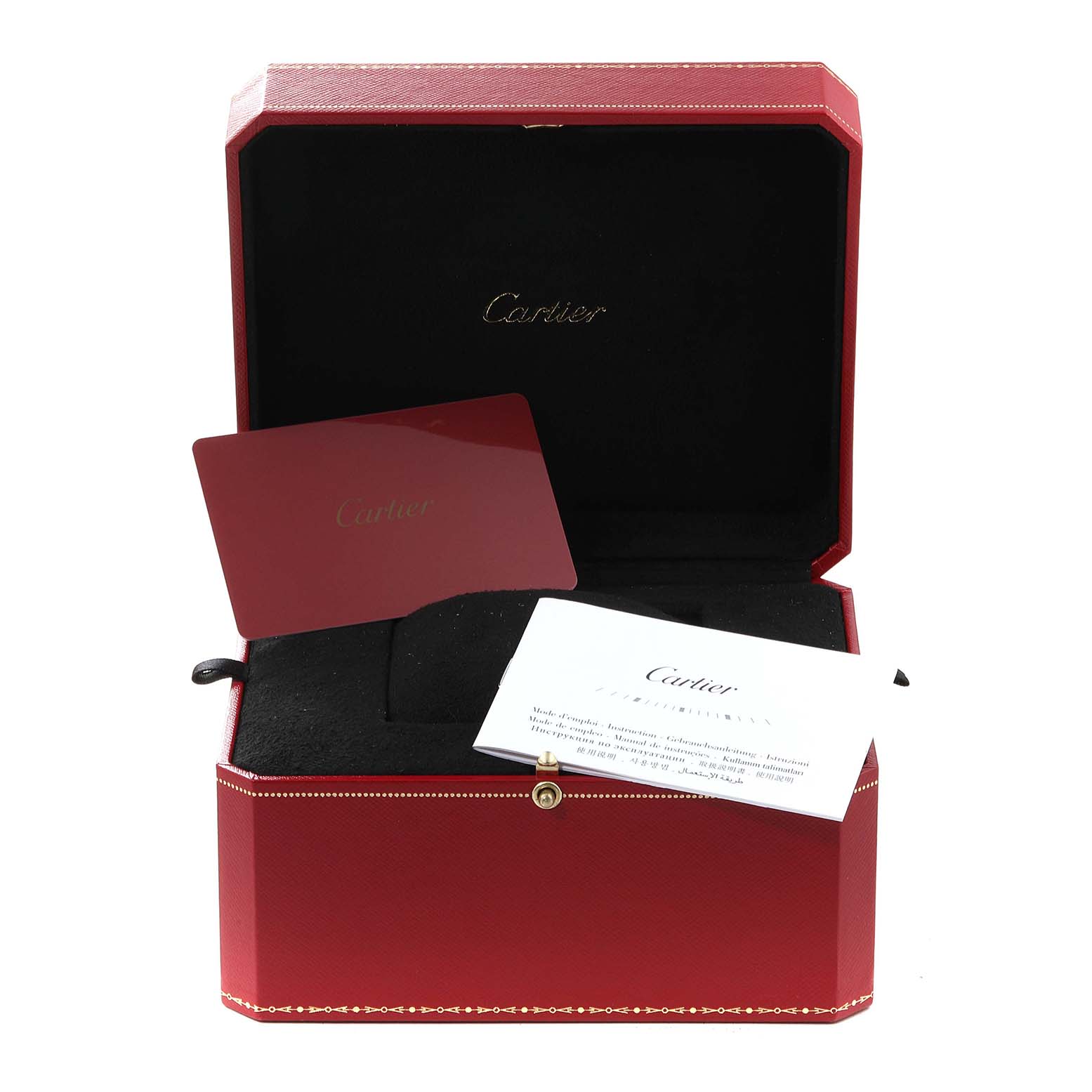 The image shows an open red Cartier box for the Santos model watch, including cards and documents inside.