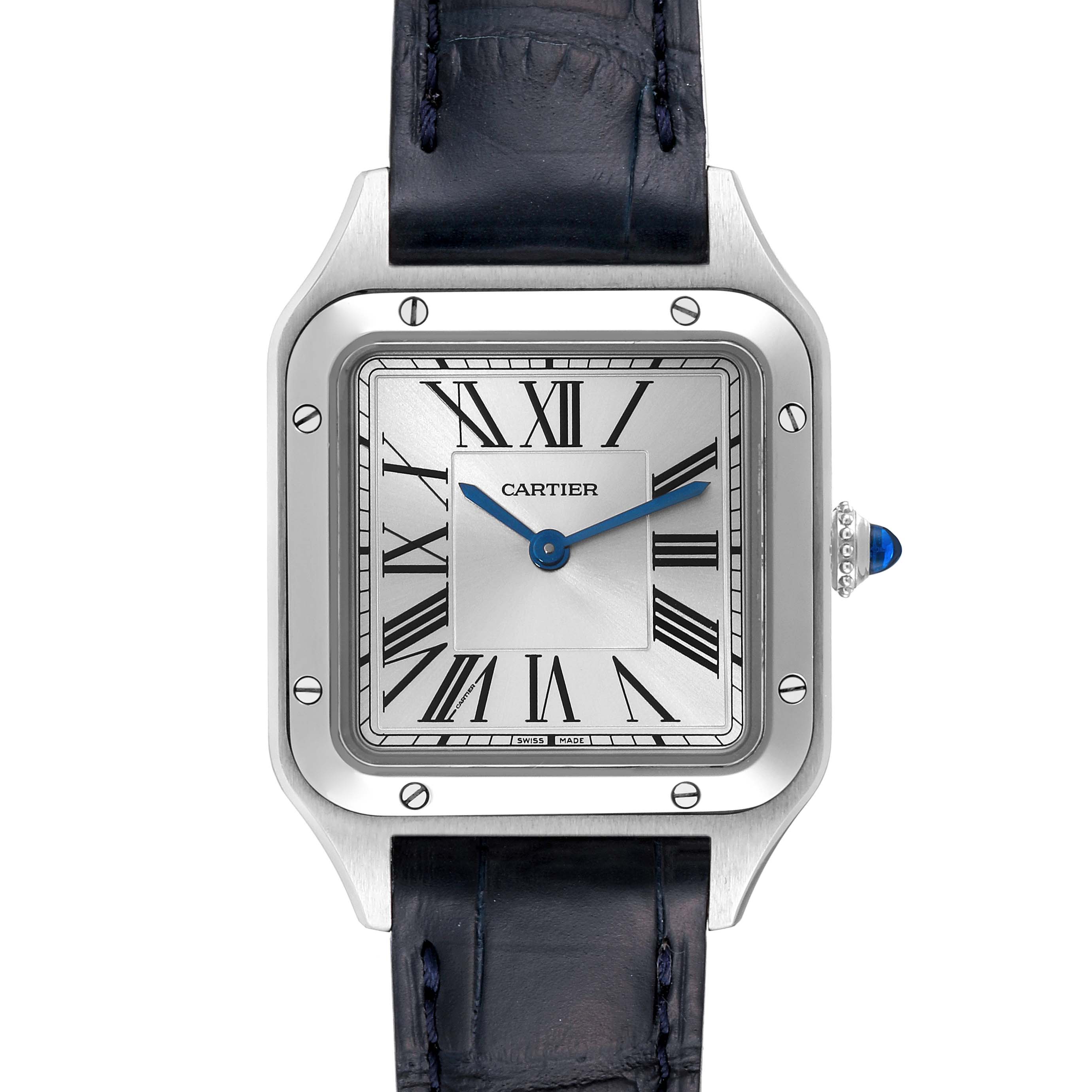 The image shows a frontal view of the Cartier Santos WSSA0023 Women
s Stainless Steel Silver Dial WSSA0023 Women
s Stainless Steel Silver Dial watch with a square dial and Roman numerals, including its crown and leather strap.