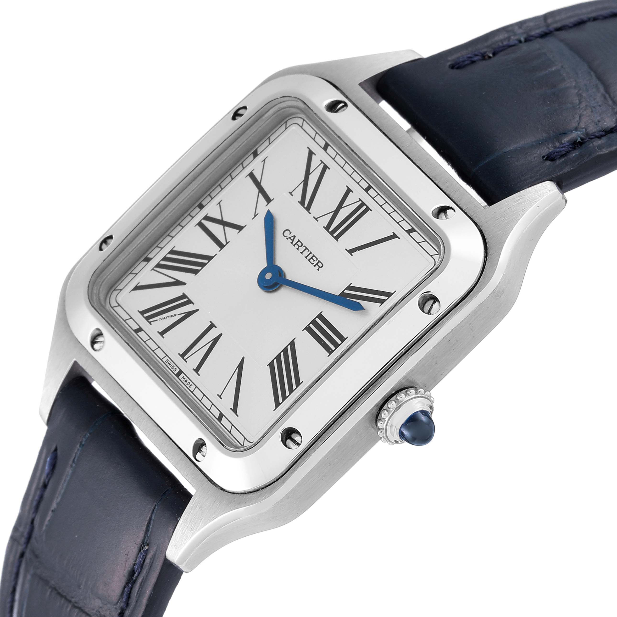 The image shows a close-up angle of the Cartier Santos WSSA0023 Women
s Stainless Steel Silver Dial WSSA0023 Women
s Stainless Steel Silver Dial watch, highlighting its face, bezel, crown, and strap.