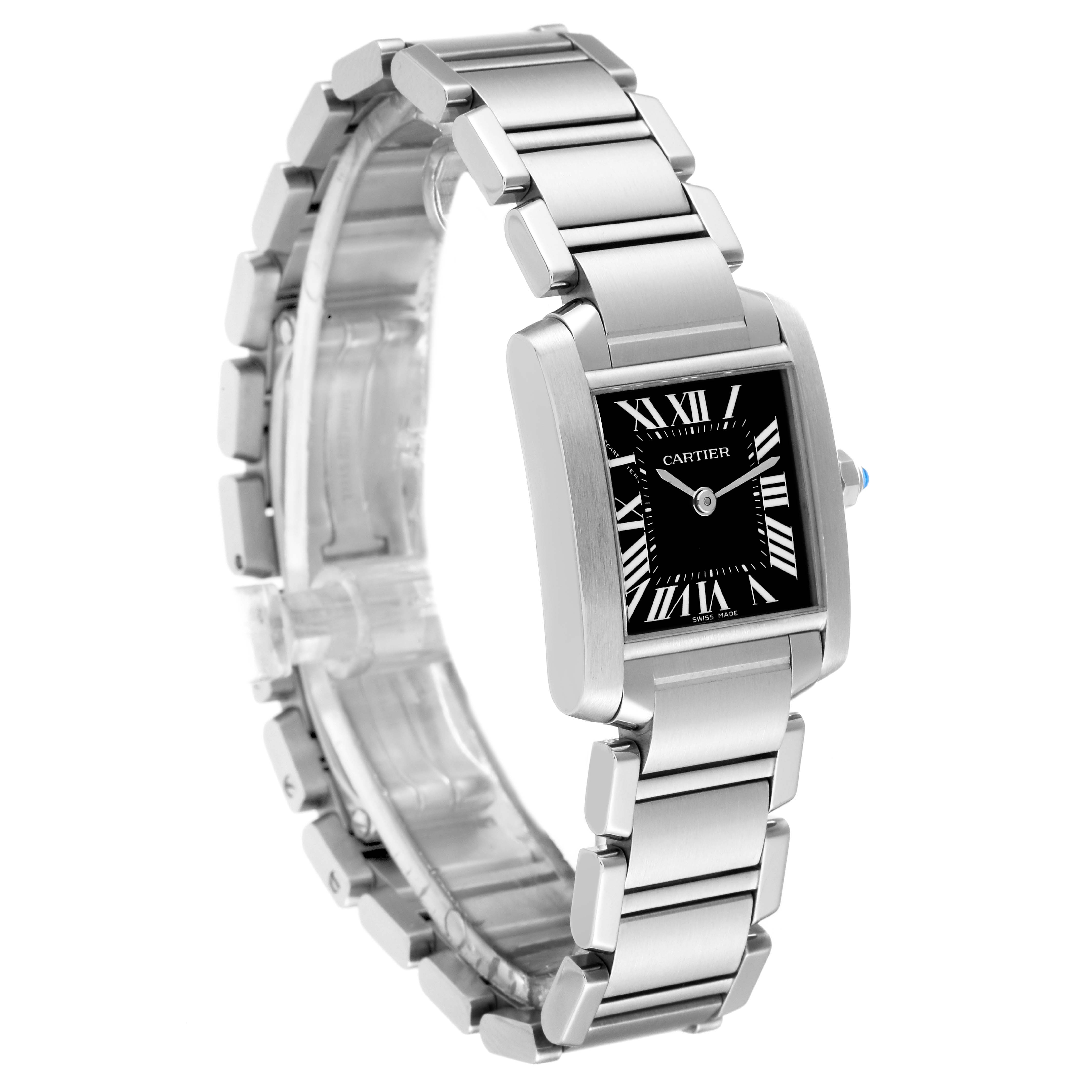 The image shows a side angle of the Cartier Tank Francaise W51026Q3 Women's Stainless Steel Black Dial W51026Q3 Women's Stainless Steel Black Dial watch, displaying its rectangular face, Roman numerals, and metal bracelet.