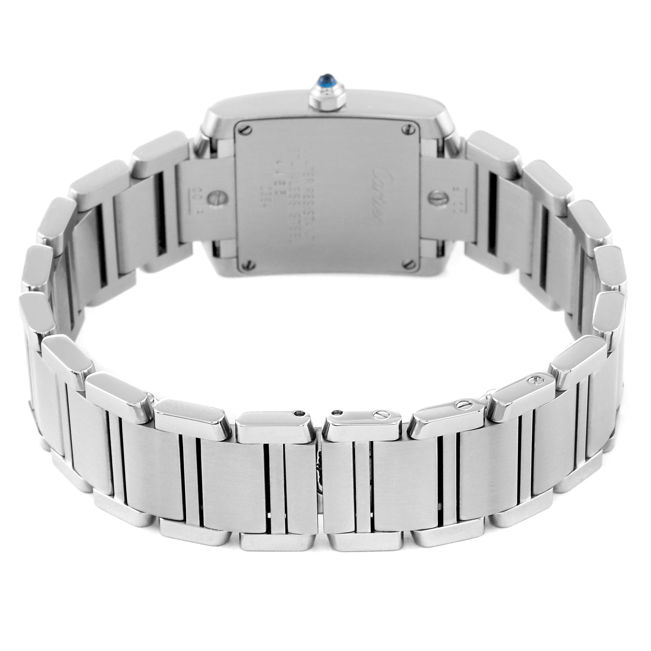 The image shows the back view of a Cartier Tank Francaise W51026Q3 Women's Stainless Steel Black Dial W51026Q3 Women's Stainless Steel Black Dial watch, highlighting the case back and bracelet links.