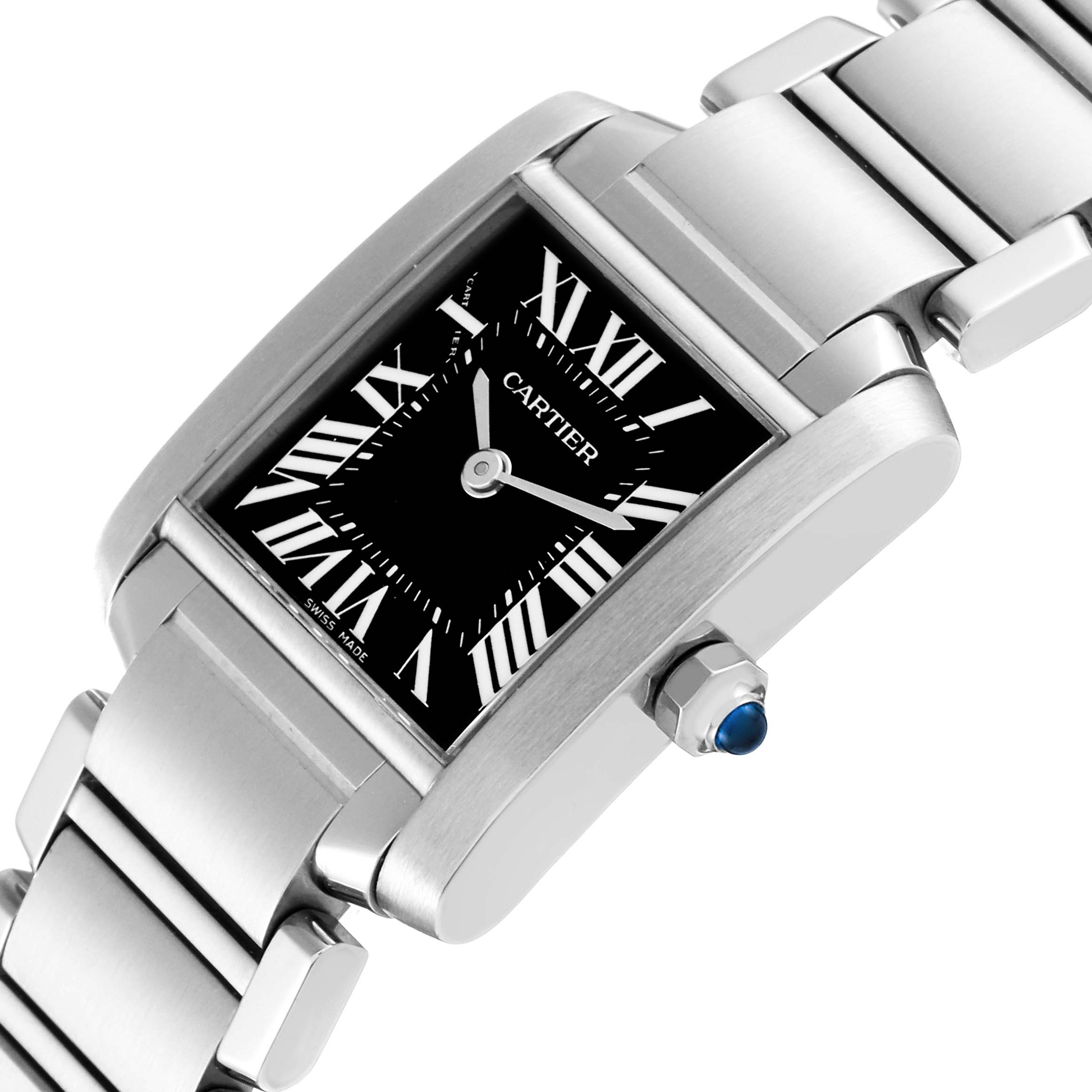The image shows a Tank Francaise watch by Cartier, angled to highlight the black dial, Roman numerals, and the metal bracelet.